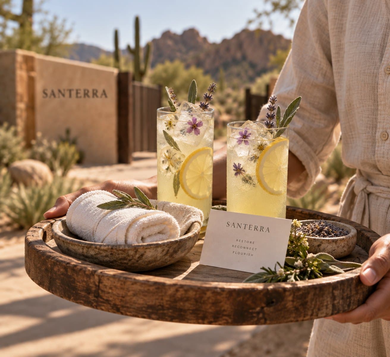 A person holds a wooden tray with two glasses of lemonade, rolled white towels, dried lavender and a Santerra card, in front of a sand-coloured entry wall with desert mountains behind.
