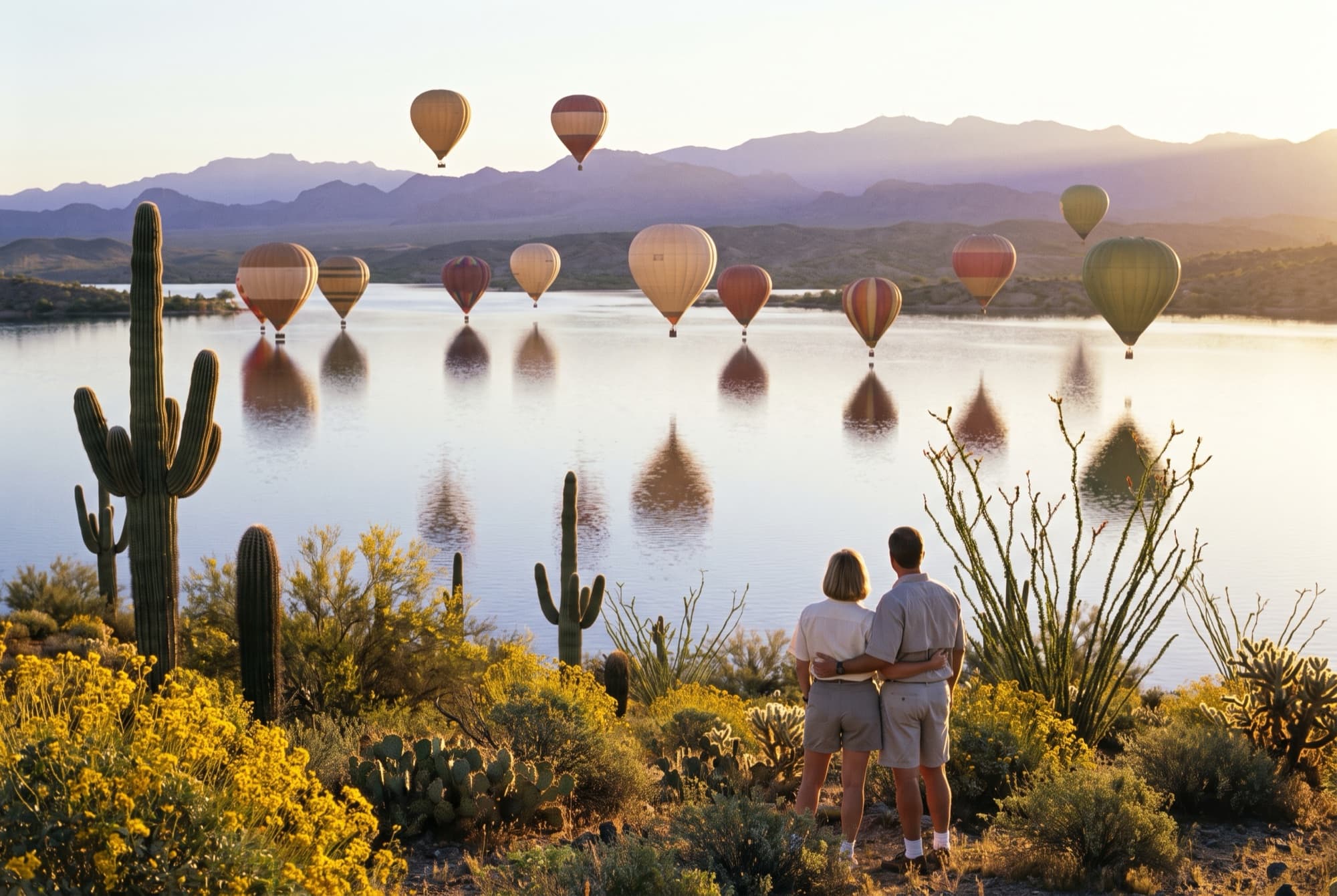 Hot air balloons drifting over Lake Havasu at sunrise with desert flora in the foreground