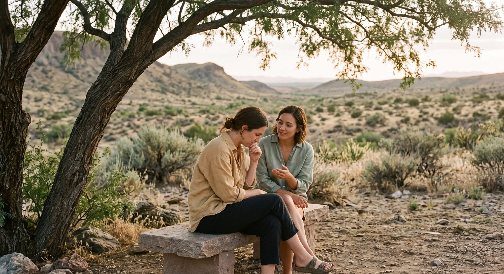 Two people in conversation on a stone bench