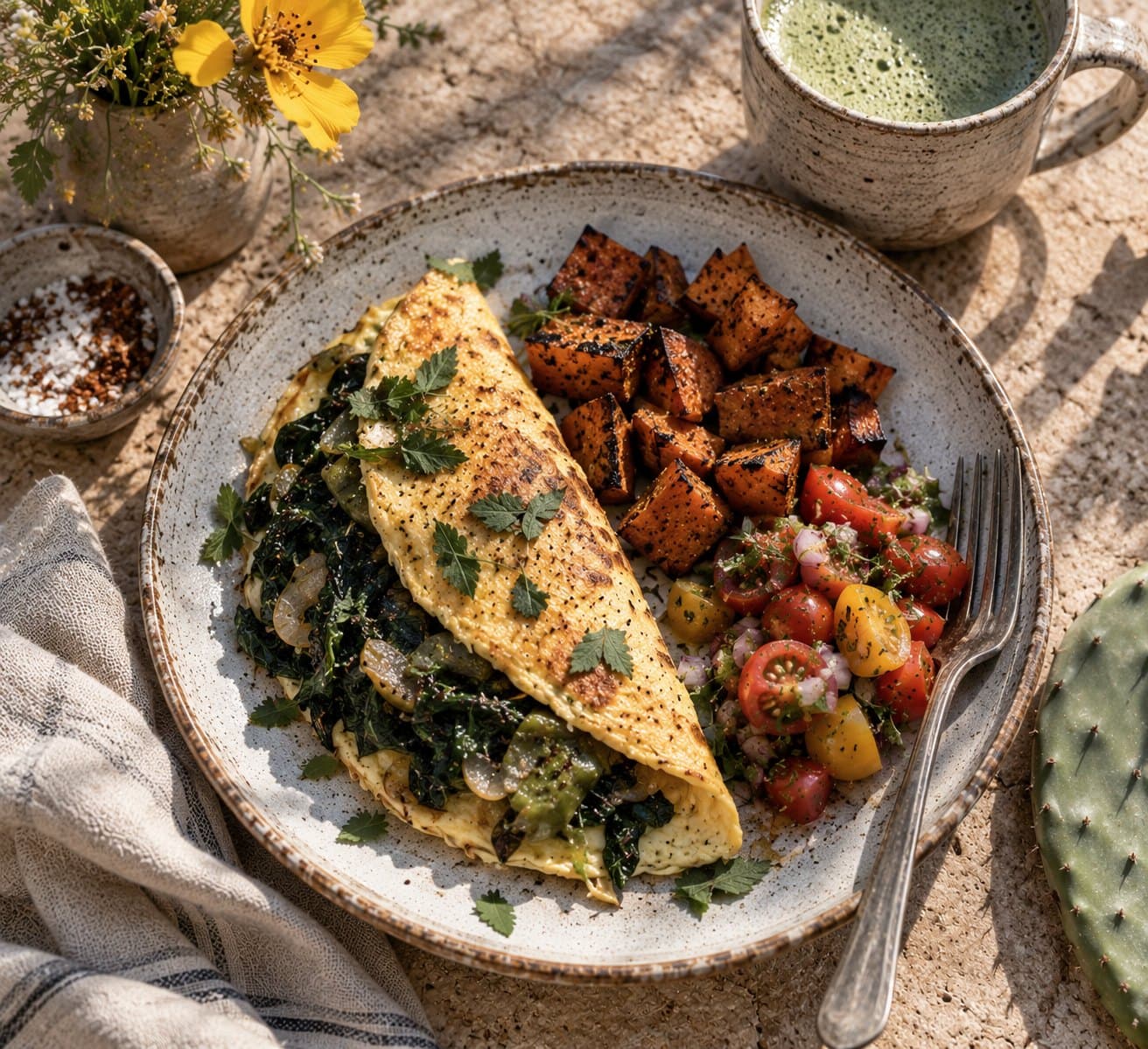 A speckled ceramic plate holding a folded omelette with dark greens, cubes of roasted orange vegetable and a cherry tomato salsa, with a mug of frothy green drink, a bowl of salt and chilli flakes, yellow wildflowers and a linen napkin on a pale stone surface.
