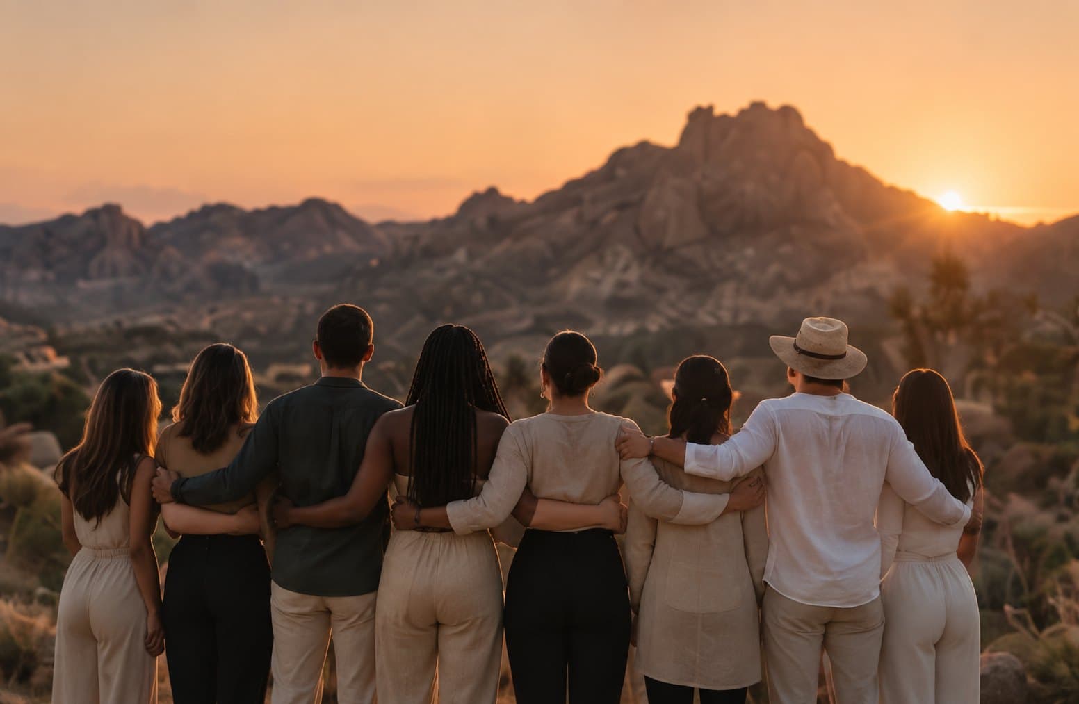 Eight people seen from behind stand in a row with their arms around each other, facing a rocky desert peak at sunset.