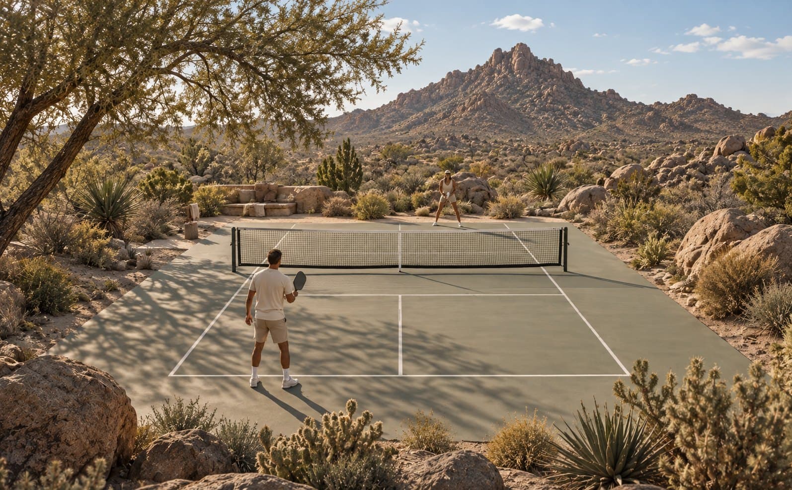 Two people play a paddle sport on an outdoor court surrounded by desert boulders and shrubs, with a rocky peak in the background.