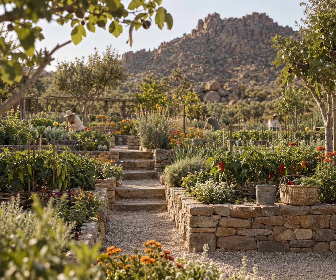 A gravel path with stone steps between raised stone beds of pepper plants and flowers, with a metal bucket and a woven basket of freshly picked vegetables set on the wall and three people working further back.