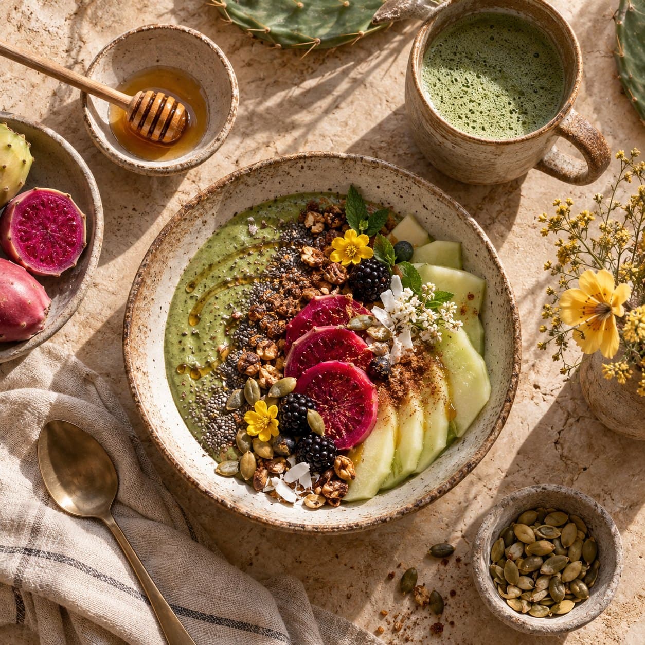 A ceramic bowl of green smoothie topped with sliced magenta prickly pear, blackberries, granola, chia seeds, pumpkin seeds and melon slices, beside a small bowl of honey with a dipper, a mug of matcha, a bowl of pumpkin seeds and cactus paddles on a pale stone surface.