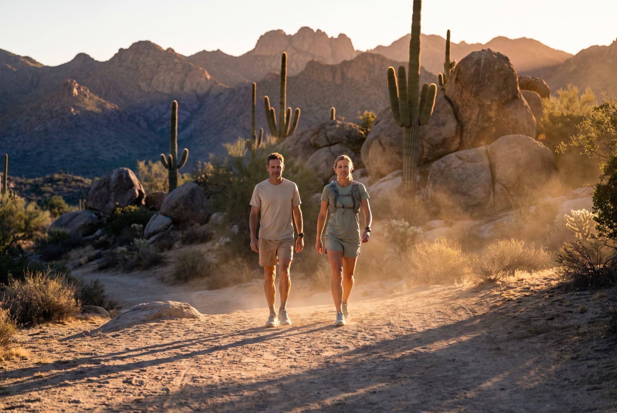 Two people hiking a desert wash at sunrise