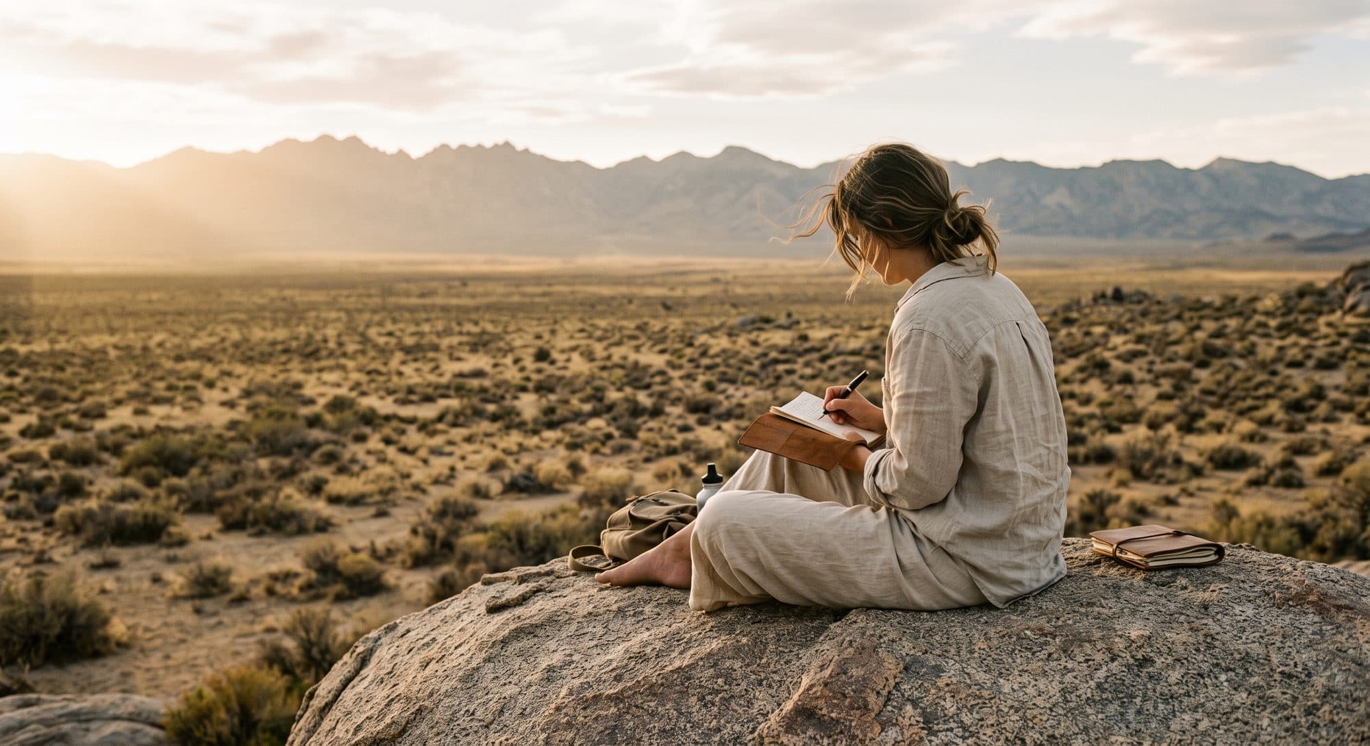 A person writing in a journal on a desert boulder