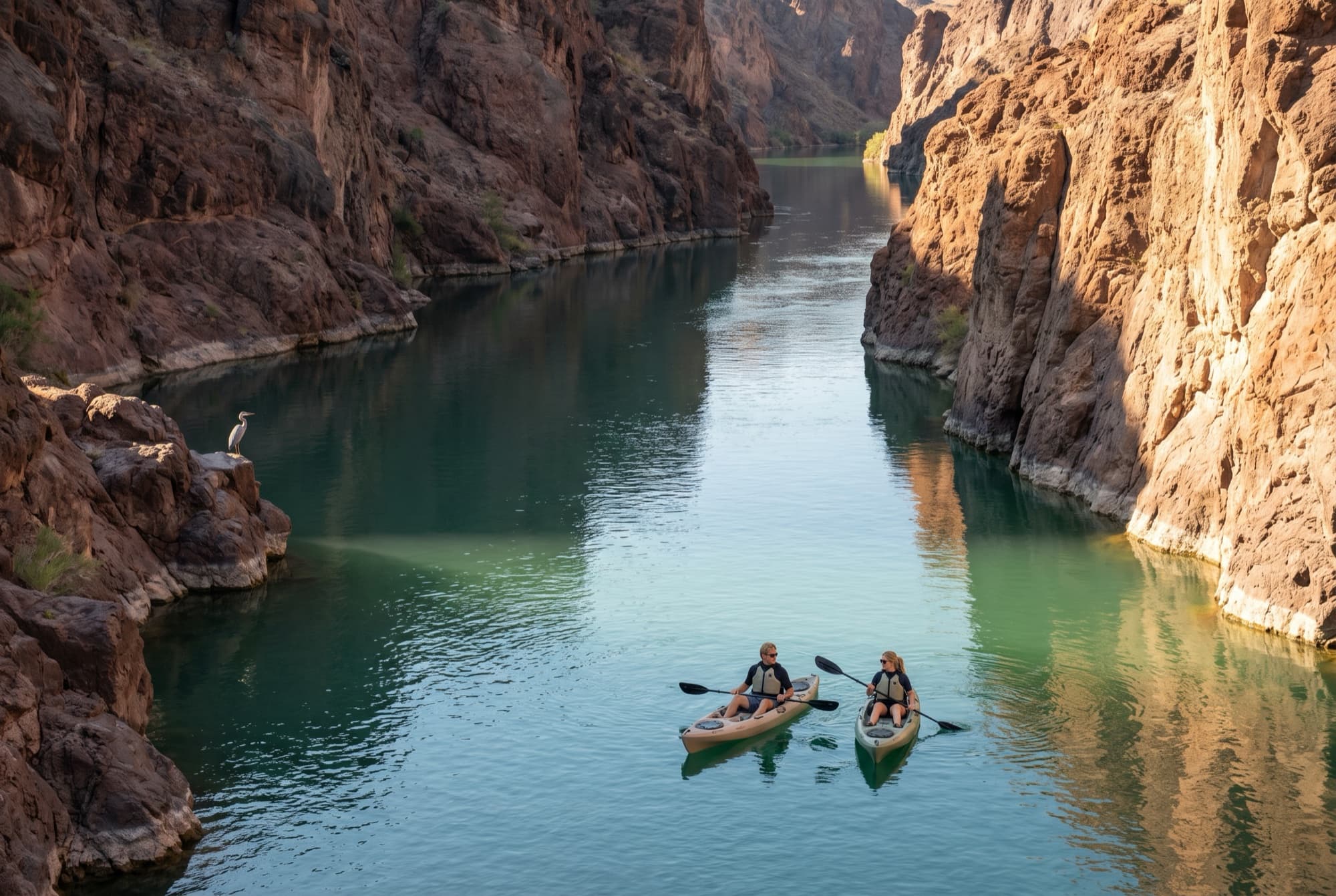 Two kayakers on the Colorado River between steep canyon walls north of Lake Havasu