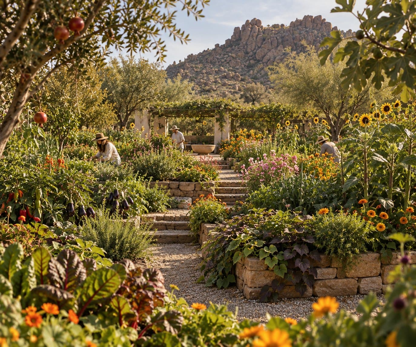 A terraced kitchen garden with dry-stone raised beds full of chard, aubergines, peppers, sunflowers and marigolds, with three people in straw hats tending the plants and a rocky peak behind.