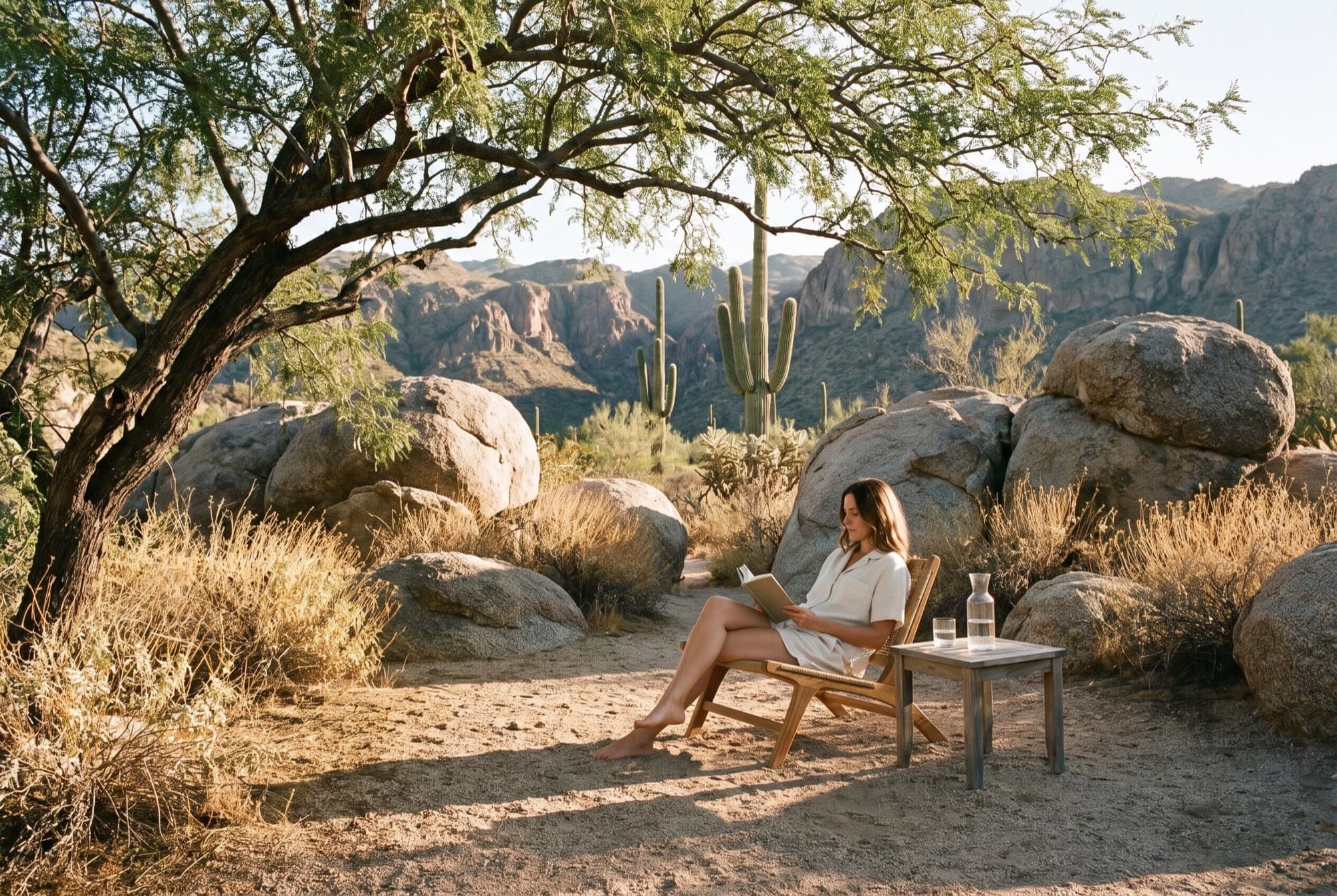 A guest reading in the shade of a mesquite tree, boulders and saguaro behind