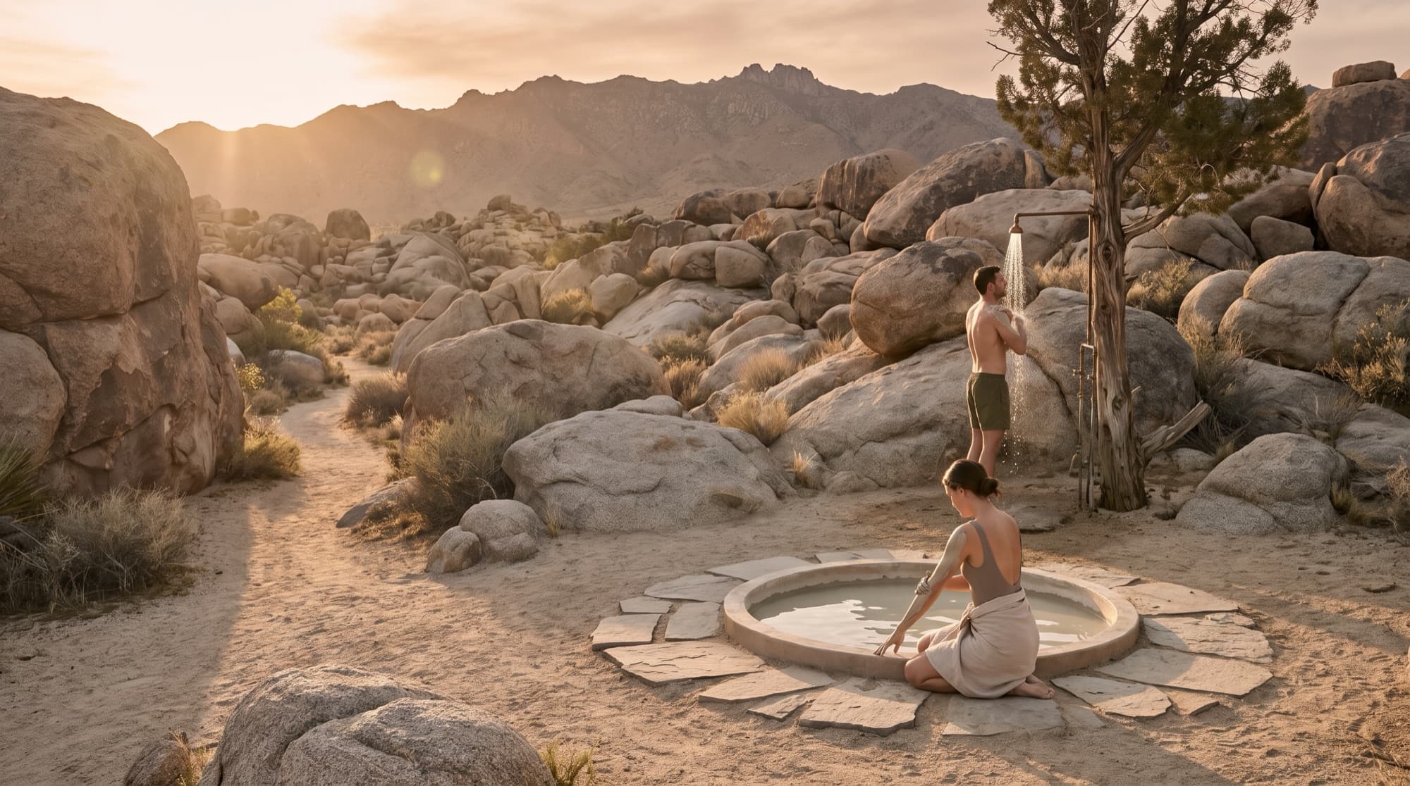 A clay massif on the desert trail among granite boulders, one guest at the edge and another rinsing under a shower fixed to a tree