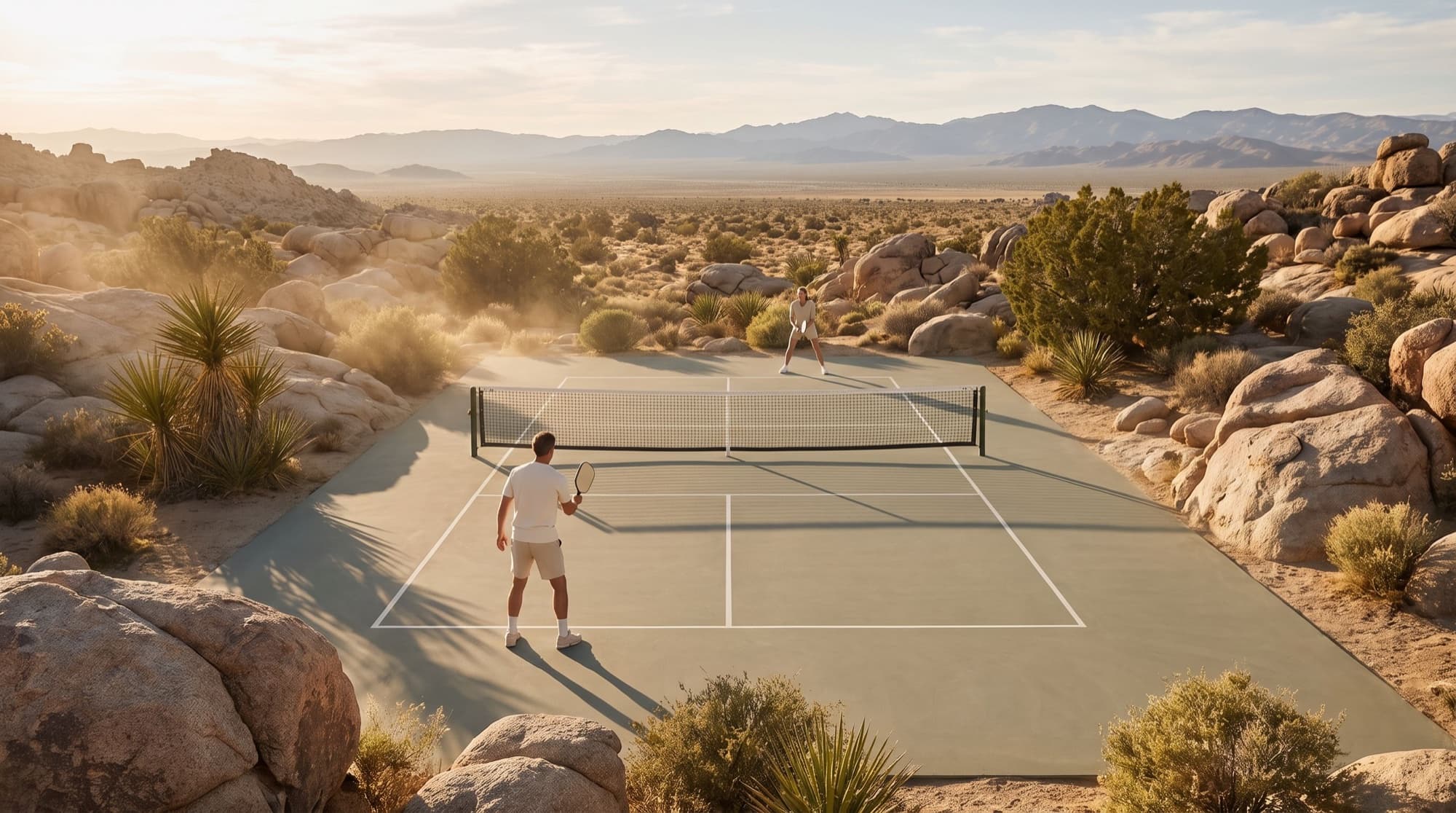 Two players on a desert pickleball court ringed by granite boulders, seen from behind the baseline in late afternoon