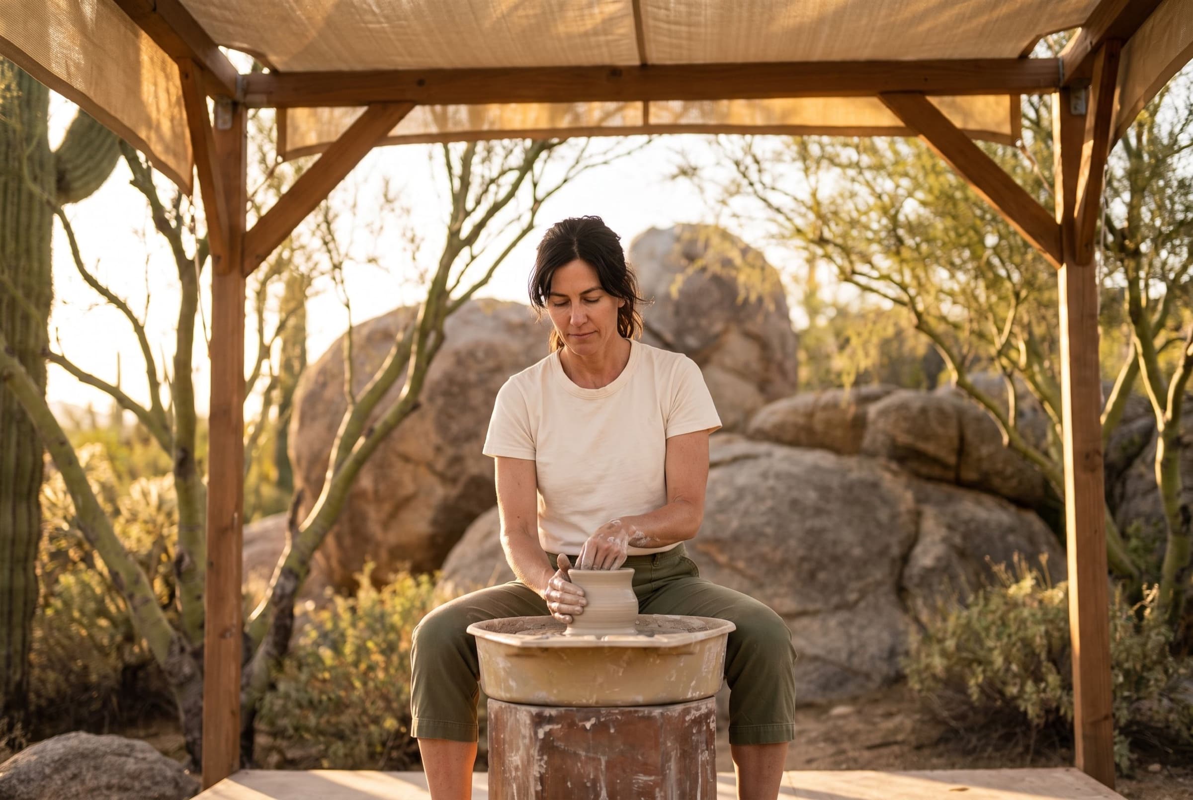 A woman shaping clay at a pottery wheel under a shade structure among the boulders