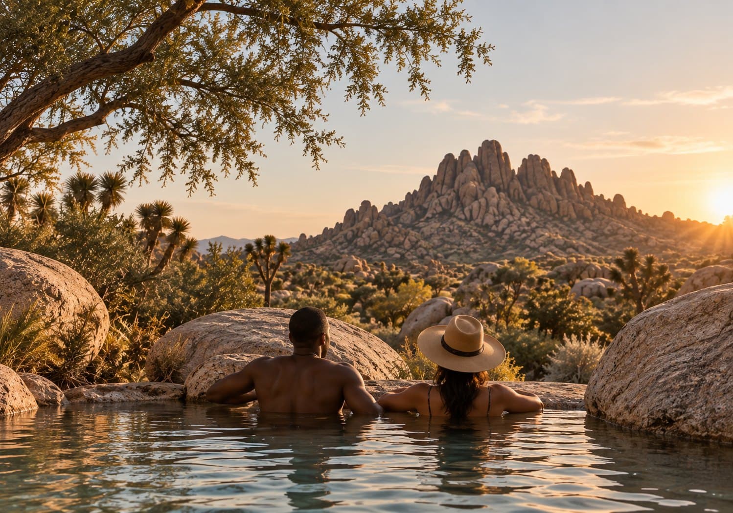 A man and a woman sit side by side in a natural rock pool with their backs to the camera, looking toward a rocky desert peak at sunset.