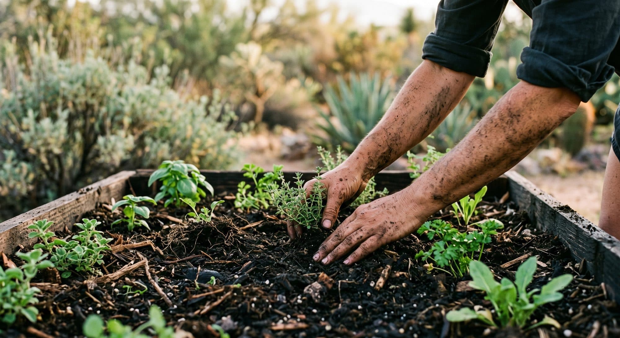 Hands working soil in a raised garden bed