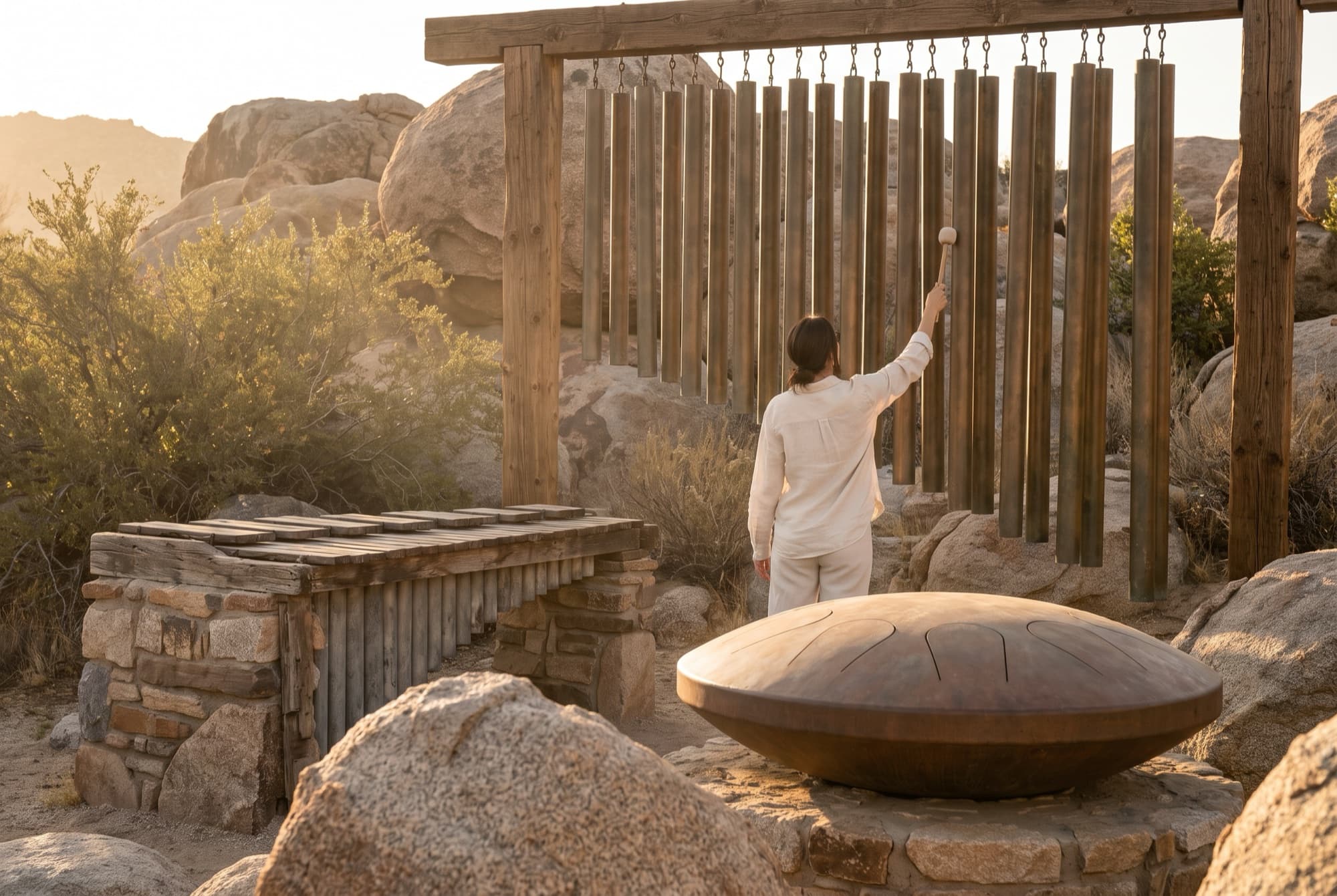 Oversized outdoor chimes and a stone marimba set among granite boulders