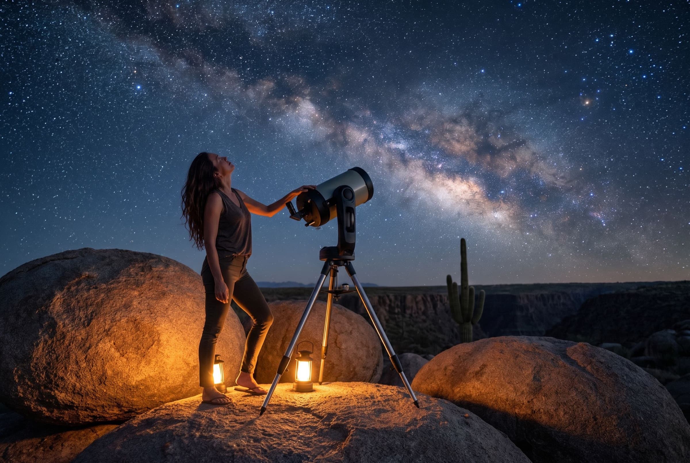 A guest at a telescope on the boulders, the Milky Way overhead