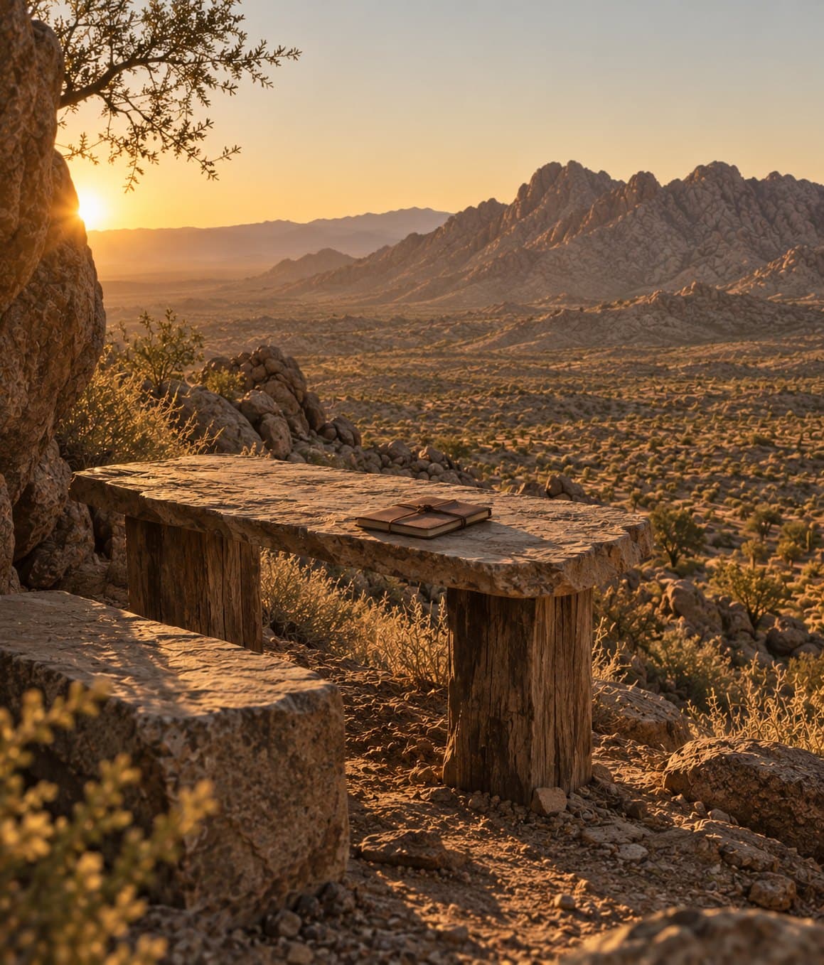 A thick stone table supported by weathered wood posts, holding a closed leather journal tied with a strap, on a rocky slope overlooking a desert valley with mountains and a setting sun.