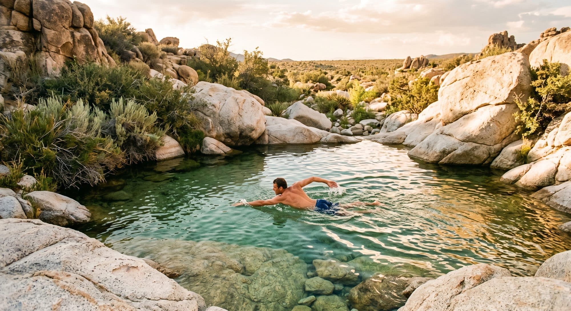 A man swimming in a natural desert swimming hole