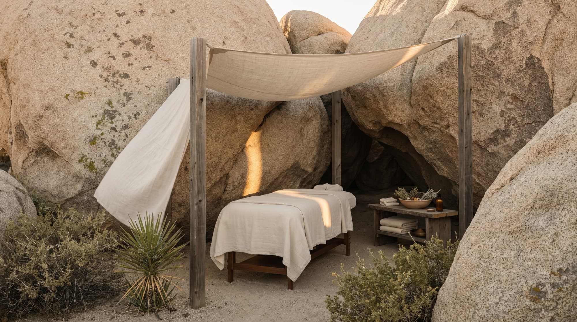An outdoor massage under a linen canopy