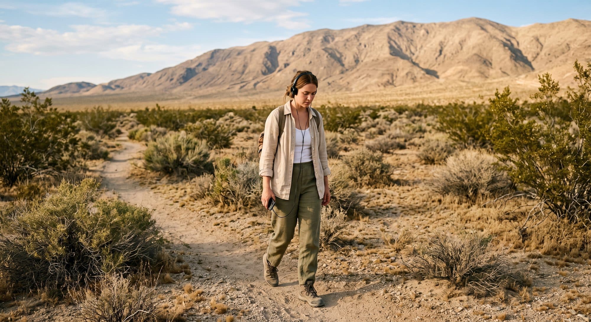 A person walking with headphones on a desert trail