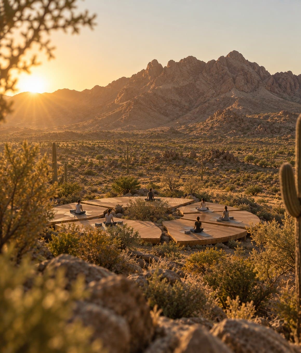 Seven people seated on mats across curved wooden decks in the desert, with a rocky mountain ridge and a rising sun behind them and brush in the foreground.