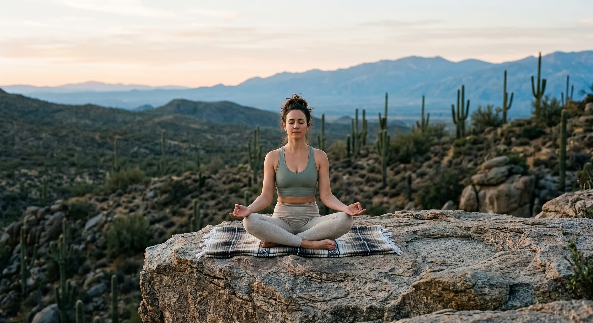 A woman practicing yoga on a granite ledge at dawn