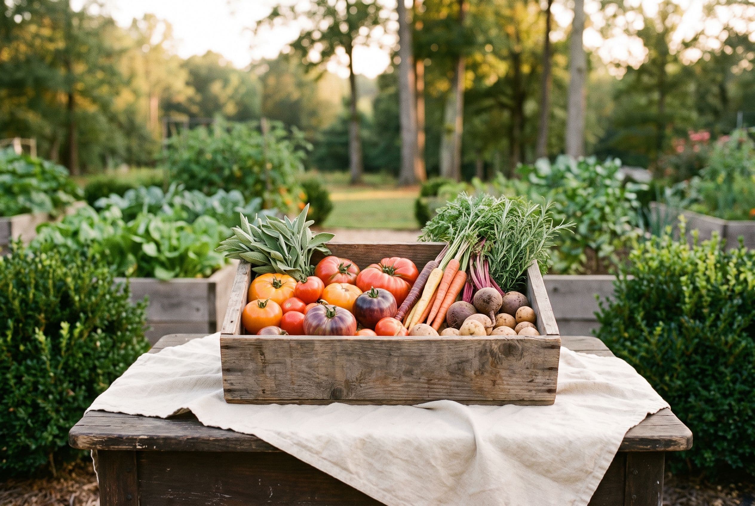 Freshly harvested vegetables and herbs in a wooden crate from a regenerative farm garden