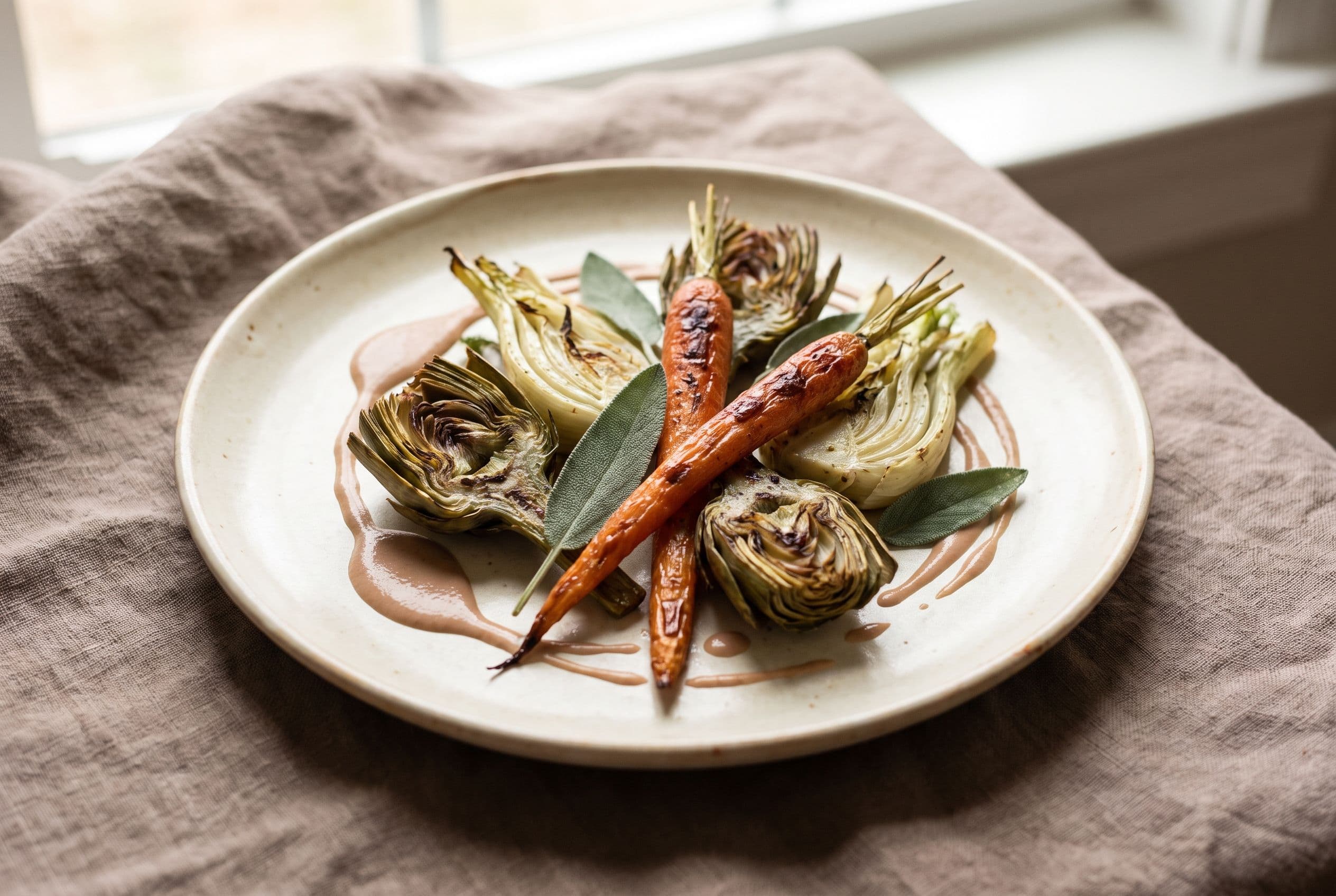 Plant-forward fine-dining plate of roasted garden vegetables on cream ceramic