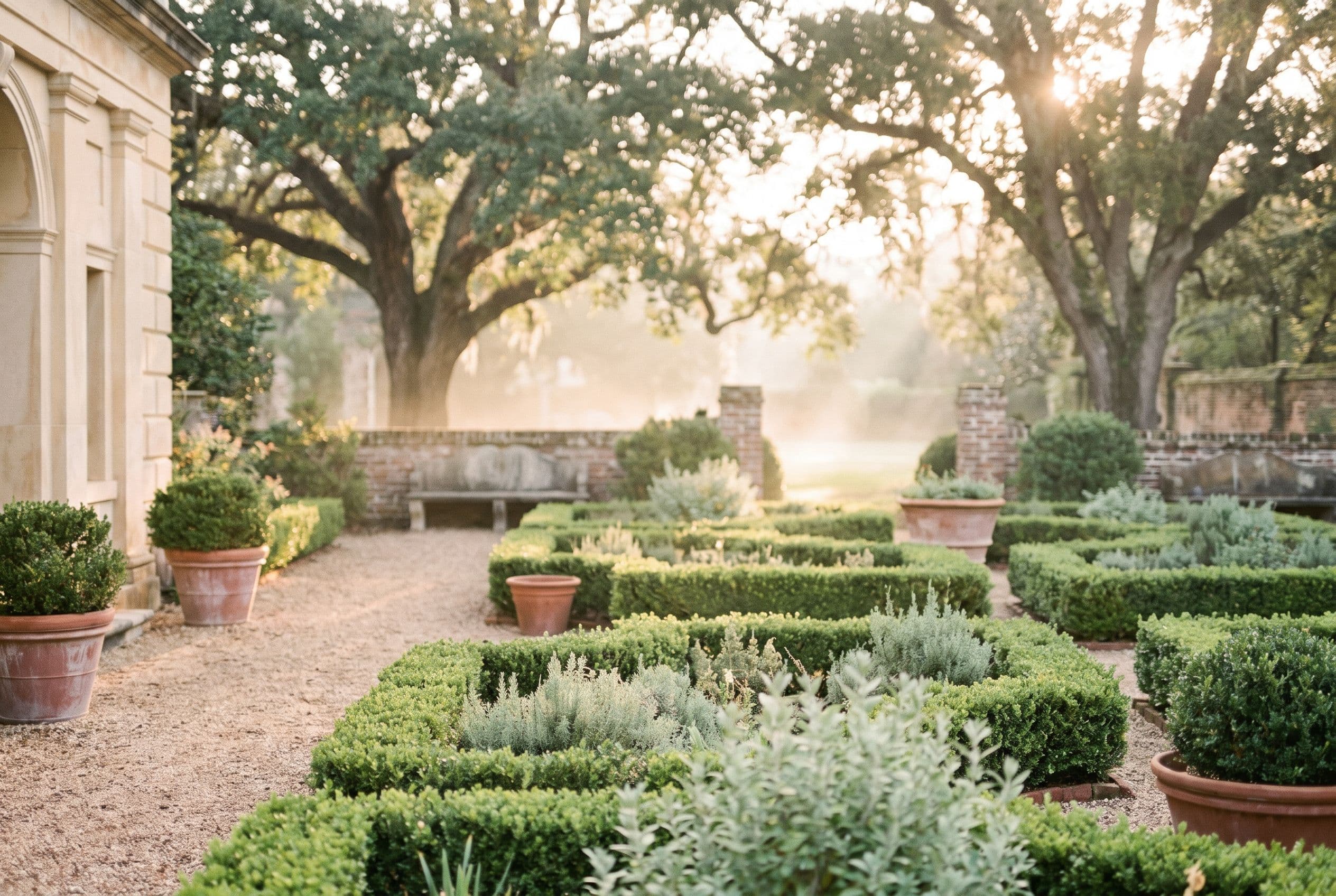 Historic estate gardens with boxwood parterre in golden morning mist