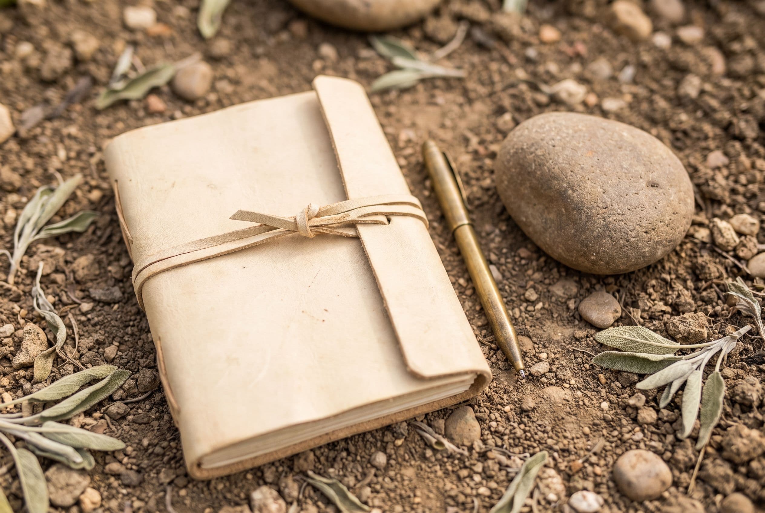 Leather-bound journal, brass pen, and one smooth river rock on garden soil