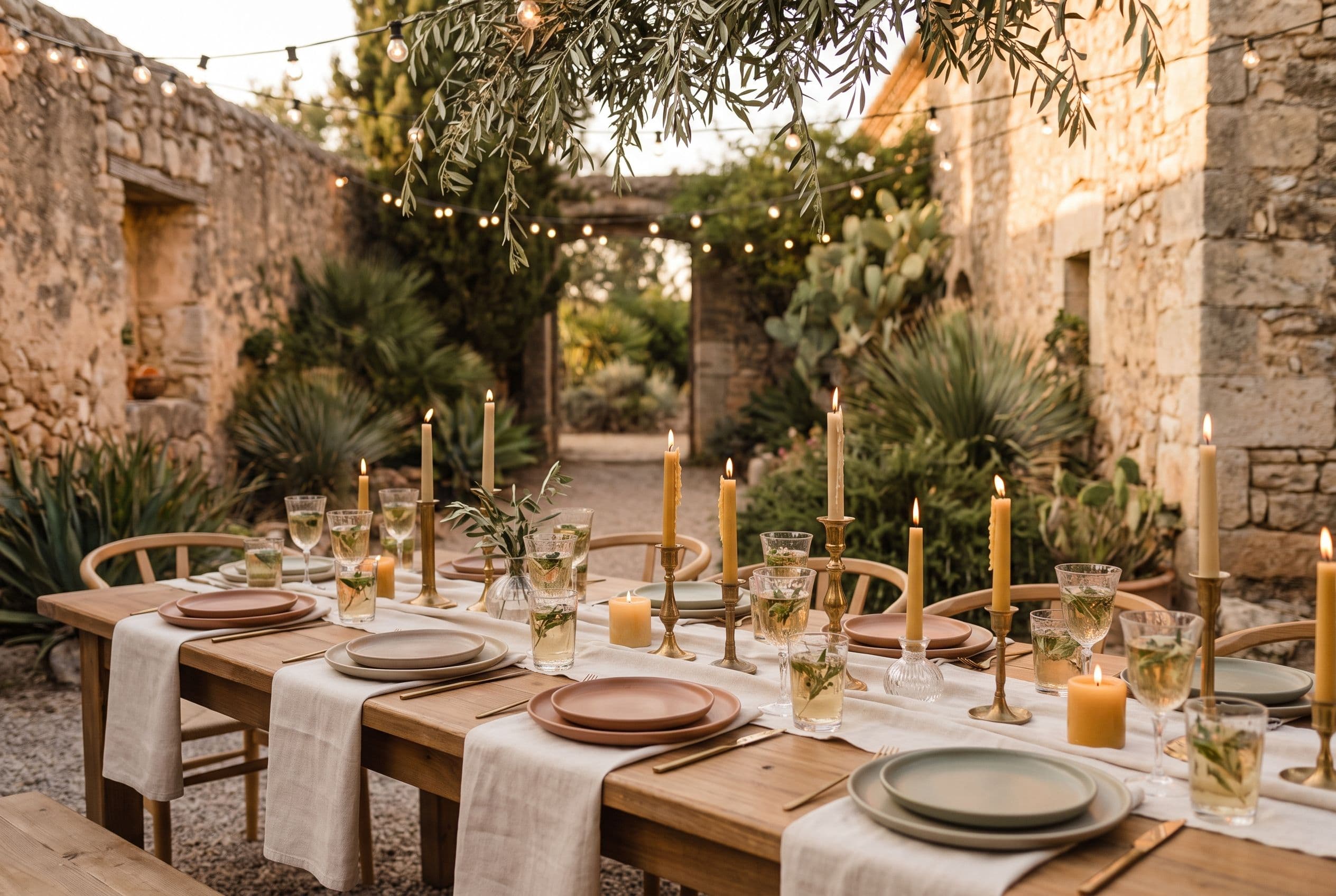 Long candlelit dinner table set outdoors in a walled garden at dusk