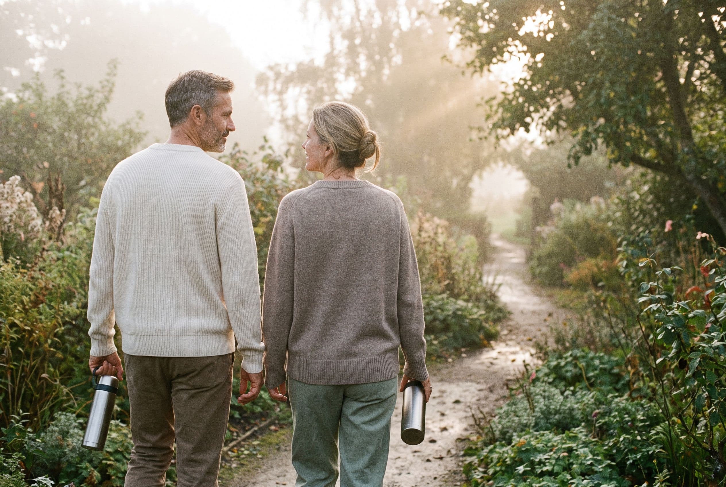 Two guests walking a misty Georgia woodland trail at sunrise, thermoses in hand, seen from behind