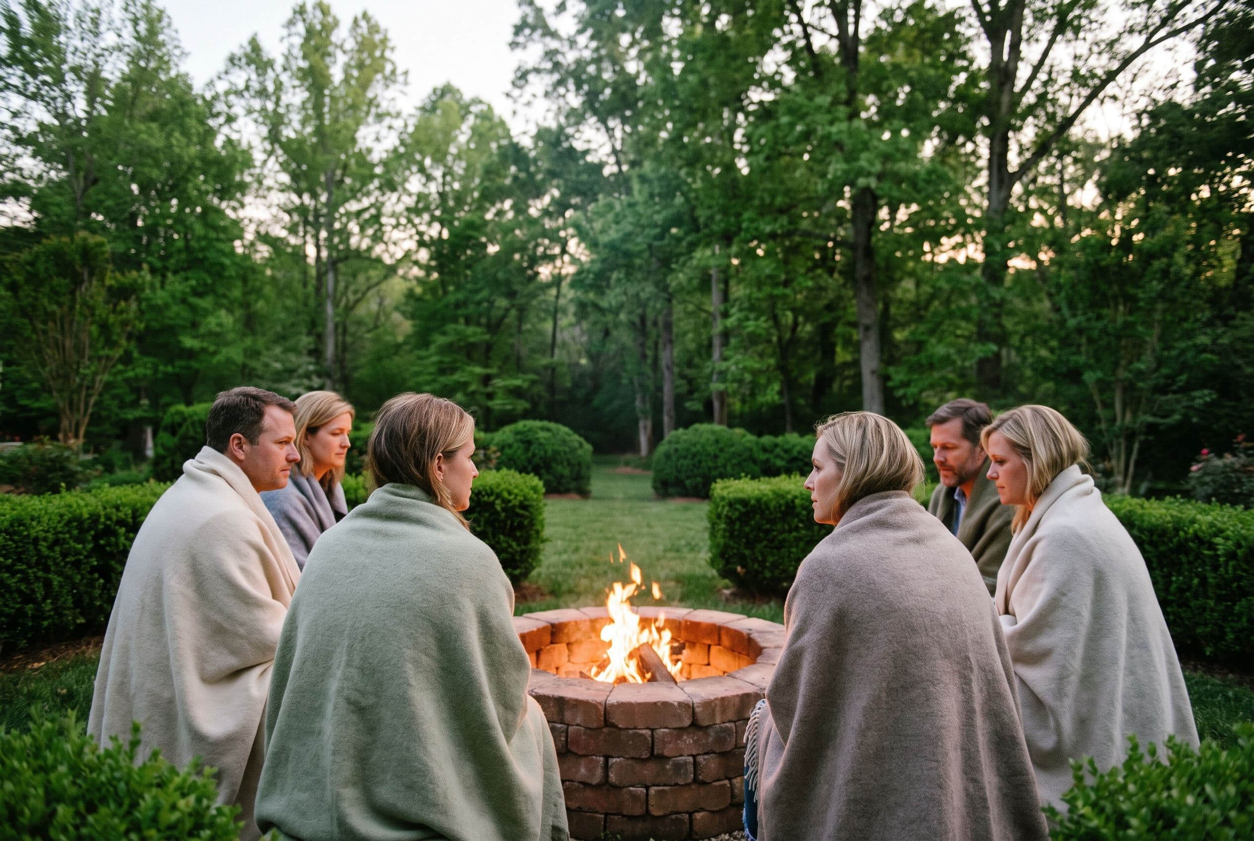 A small group of guests wrapped in blankets around a brick fire pit at dusk in a green Southern garden