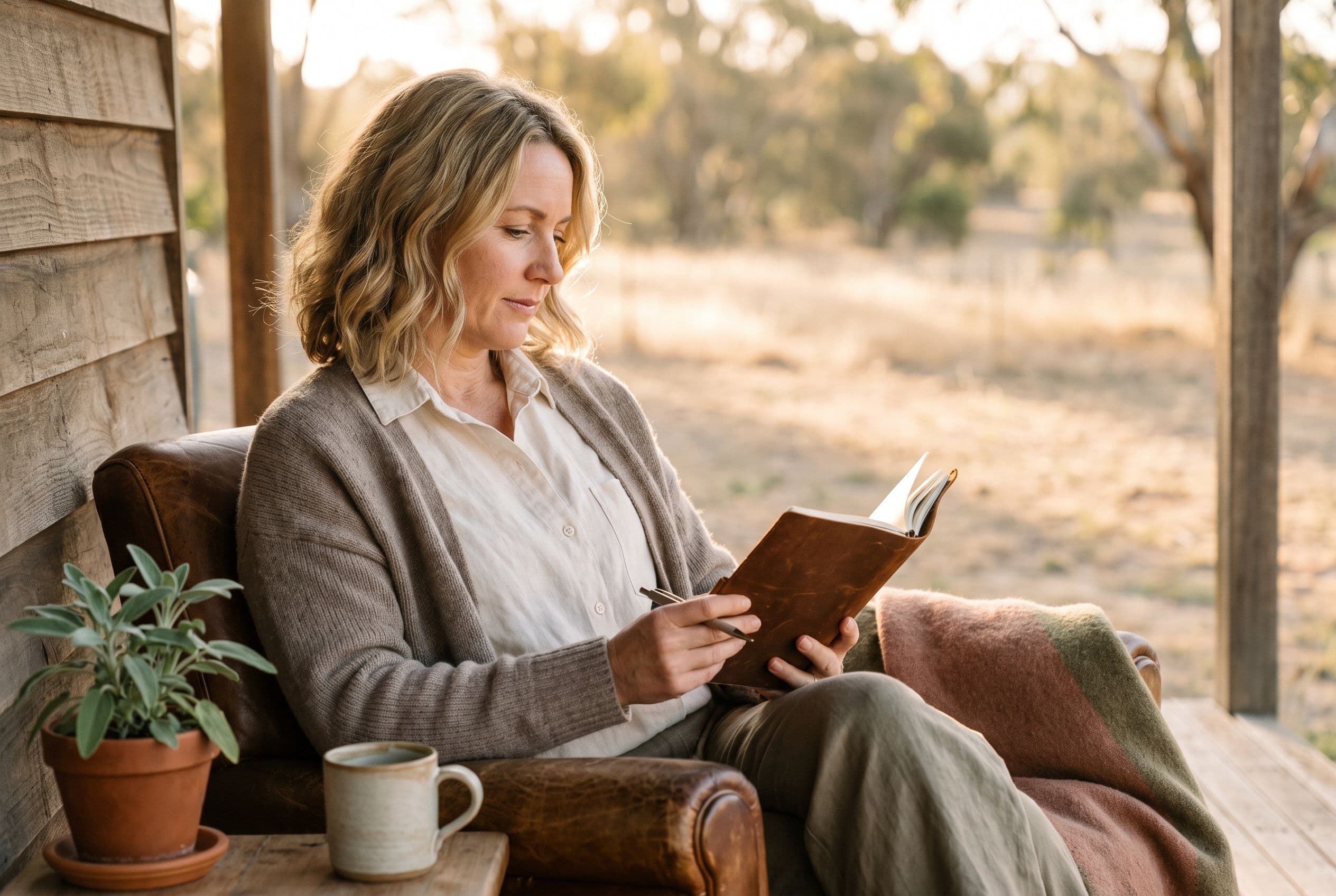 A woman in her mid-40s journaling in a leather notebook at golden hour, serene profile looking down at the page