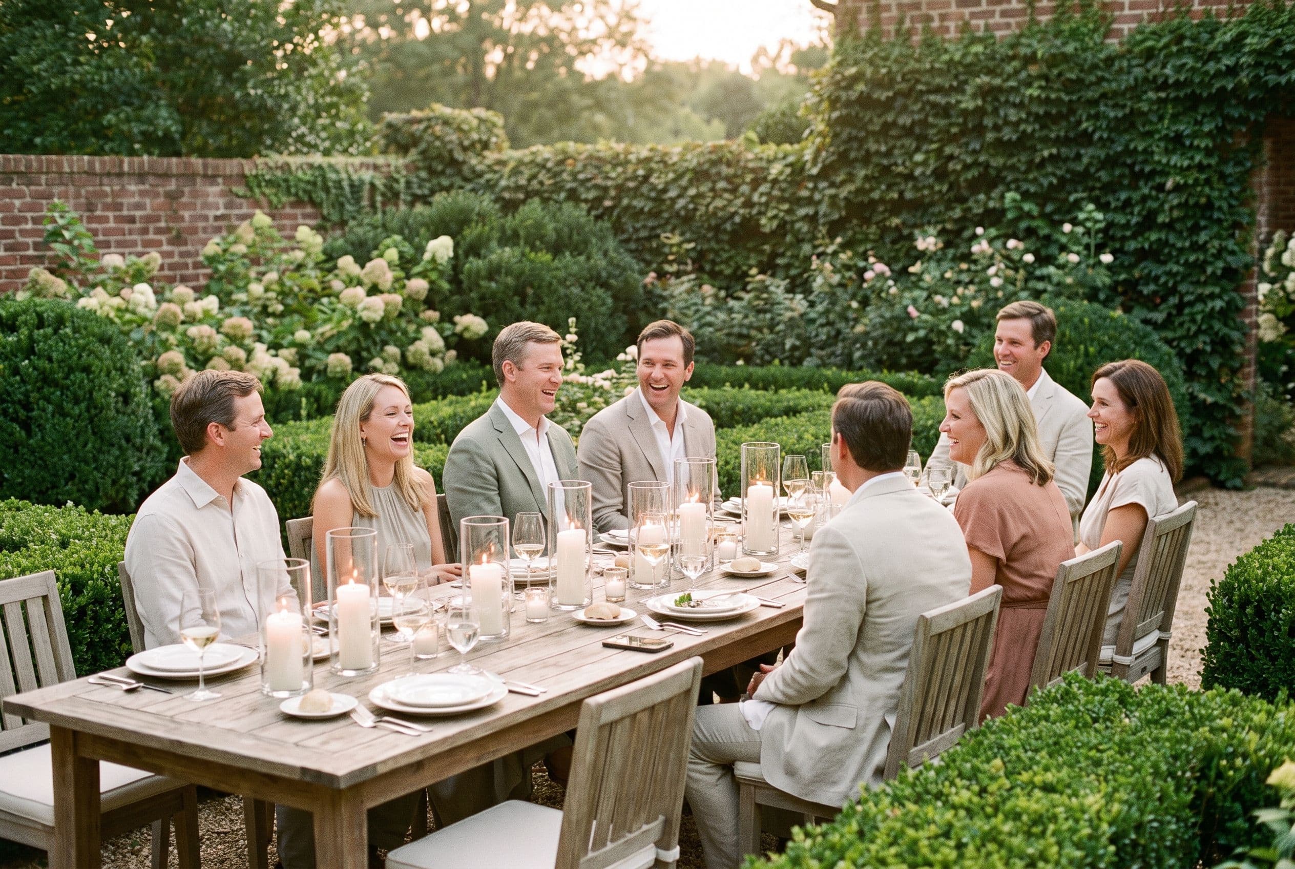 Guests sharing a candlelit long-table dinner in a lush boxwood garden, mid-conversation and laughter