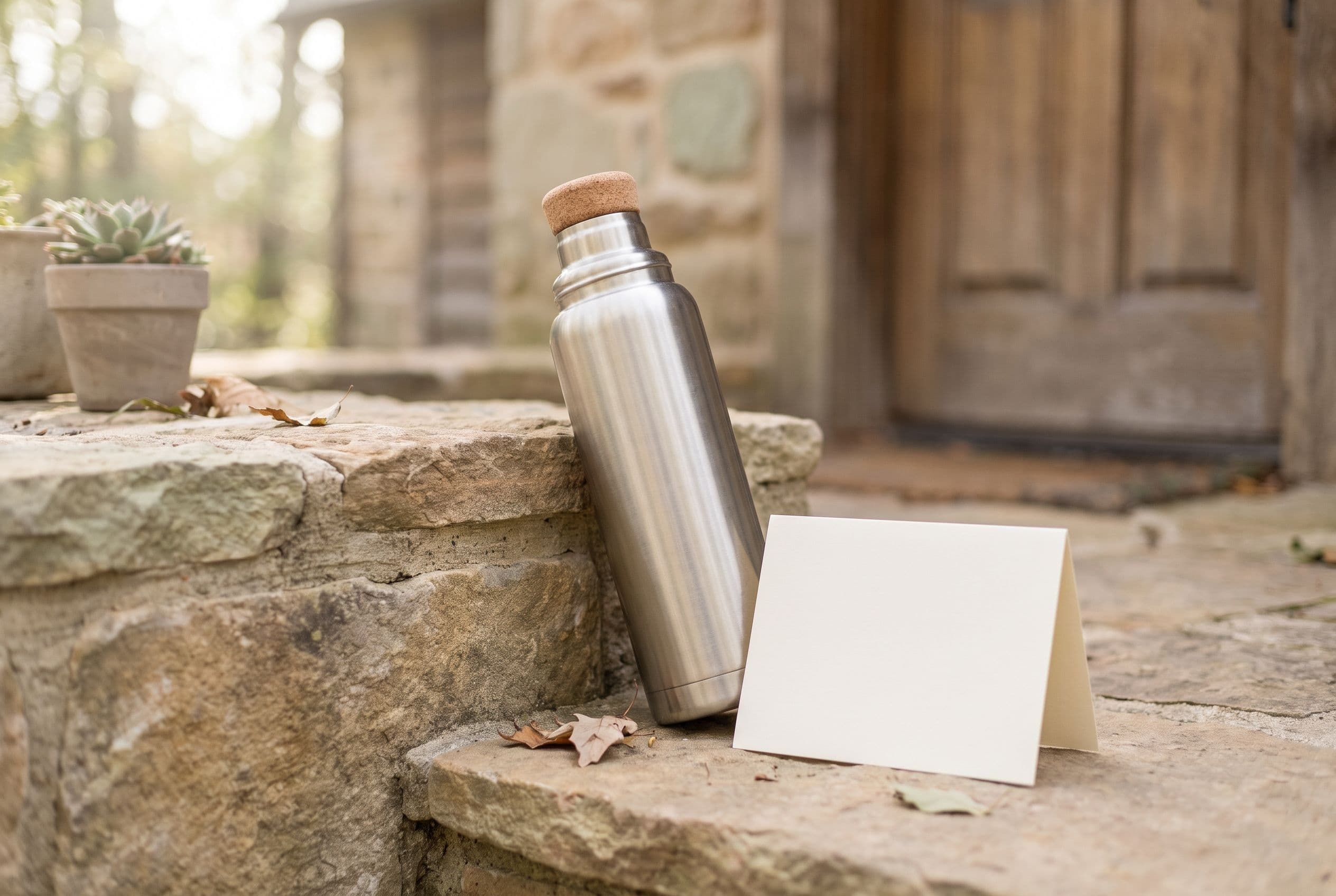 Brushed steel thermos with a blank cream notecard on a stone cottage doorstep