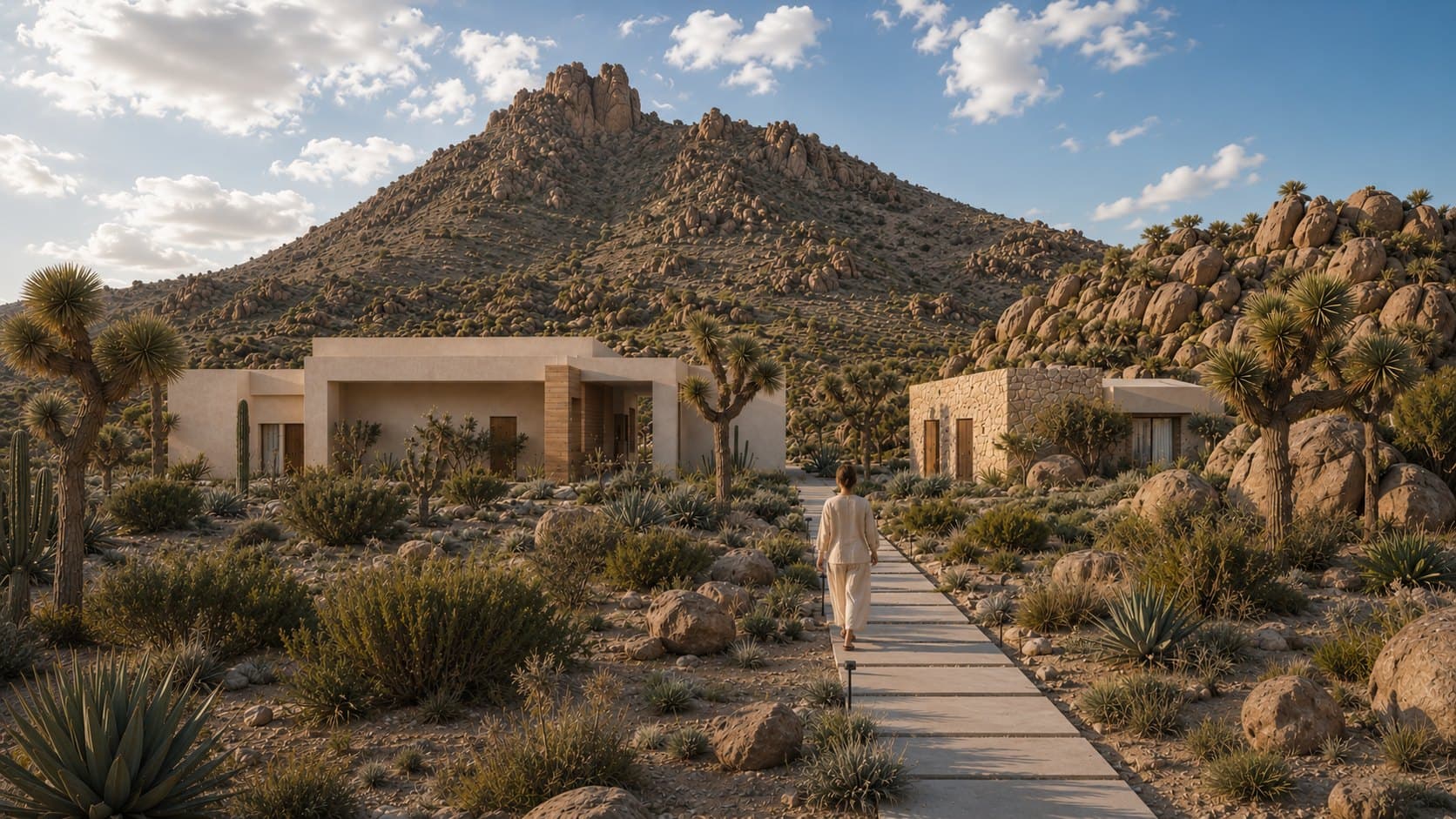 A woman in cream clothing walks away along a stone path through desert scrub toward two low desert buildings, with a boulder covered mountain behind.