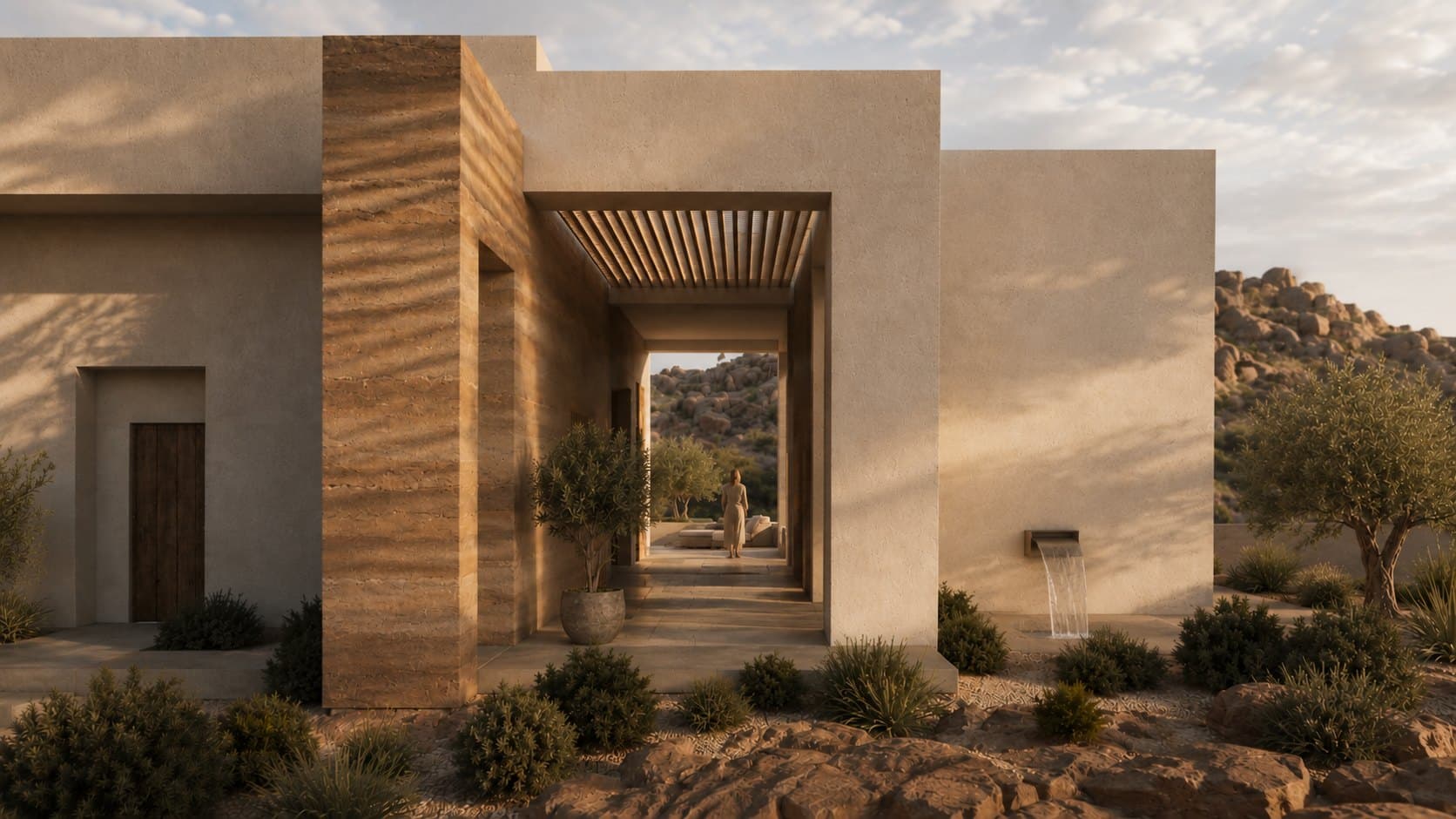 A woman in a long pale robe walks away down a shaded outdoor corridor between plaster and rammed earth walls, with desert hills visible at the far end.