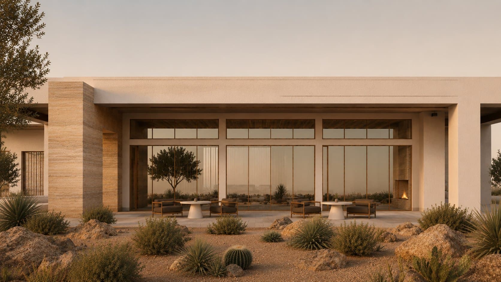 A single-storey sand-coloured building with three bays of floor-to-ceiling glass at dusk, with empty tables and chairs on the stone terrace and desert plants in front.