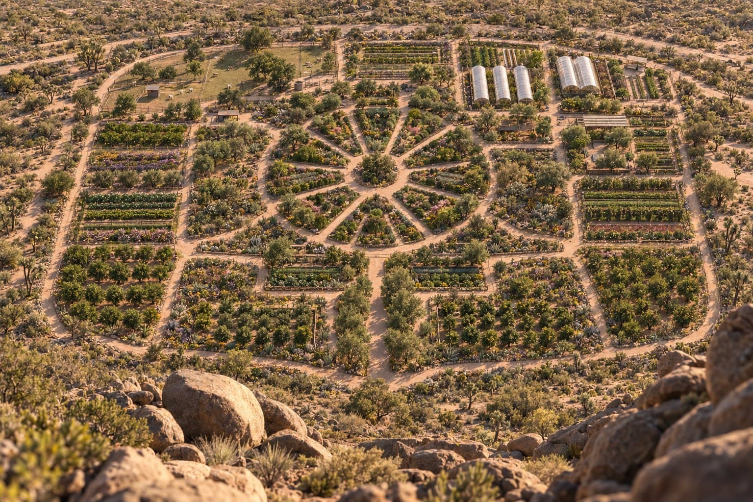 An aerial view of a circular farm with wedge-shaped planted beds radiating from a centre point, surrounded by orchard rows, greenhouse tunnels and a fenced pasture, with large boulders in the foreground.