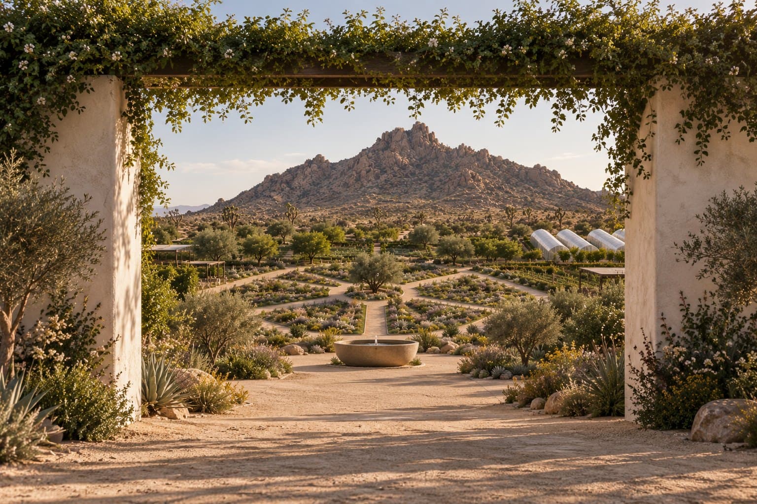 A view through a plastered gateway covered in flowering vine, looking out over a planted farm with gravel paths, a round stone fountain, olive trees and greenhouse tunnels, with a rocky peak in the distance.