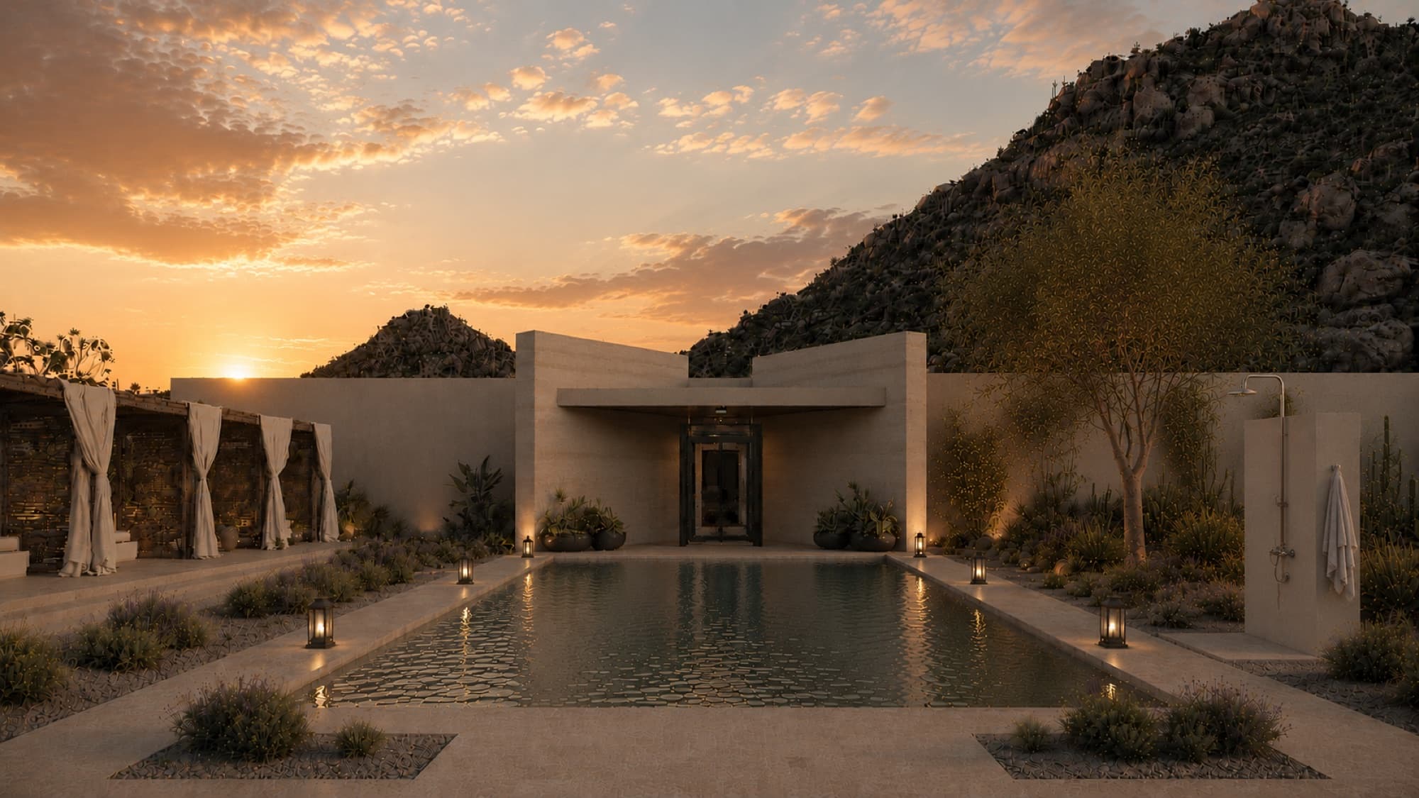 The shared pool court at dusk render, lanterns lit beneath the granite hills