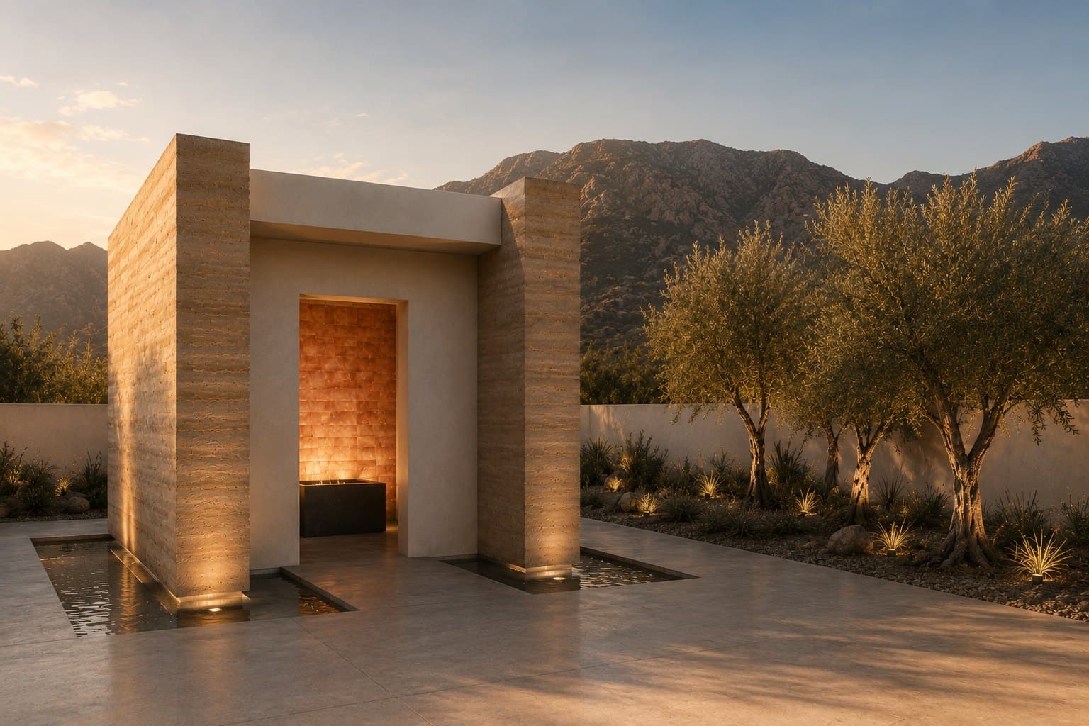 A stone entry pavilion with a tall rectangular opening stands between two shallow reflecting pools, with a lit stone wall and basin inside and olive trees and desert mountains behind it at sunset.