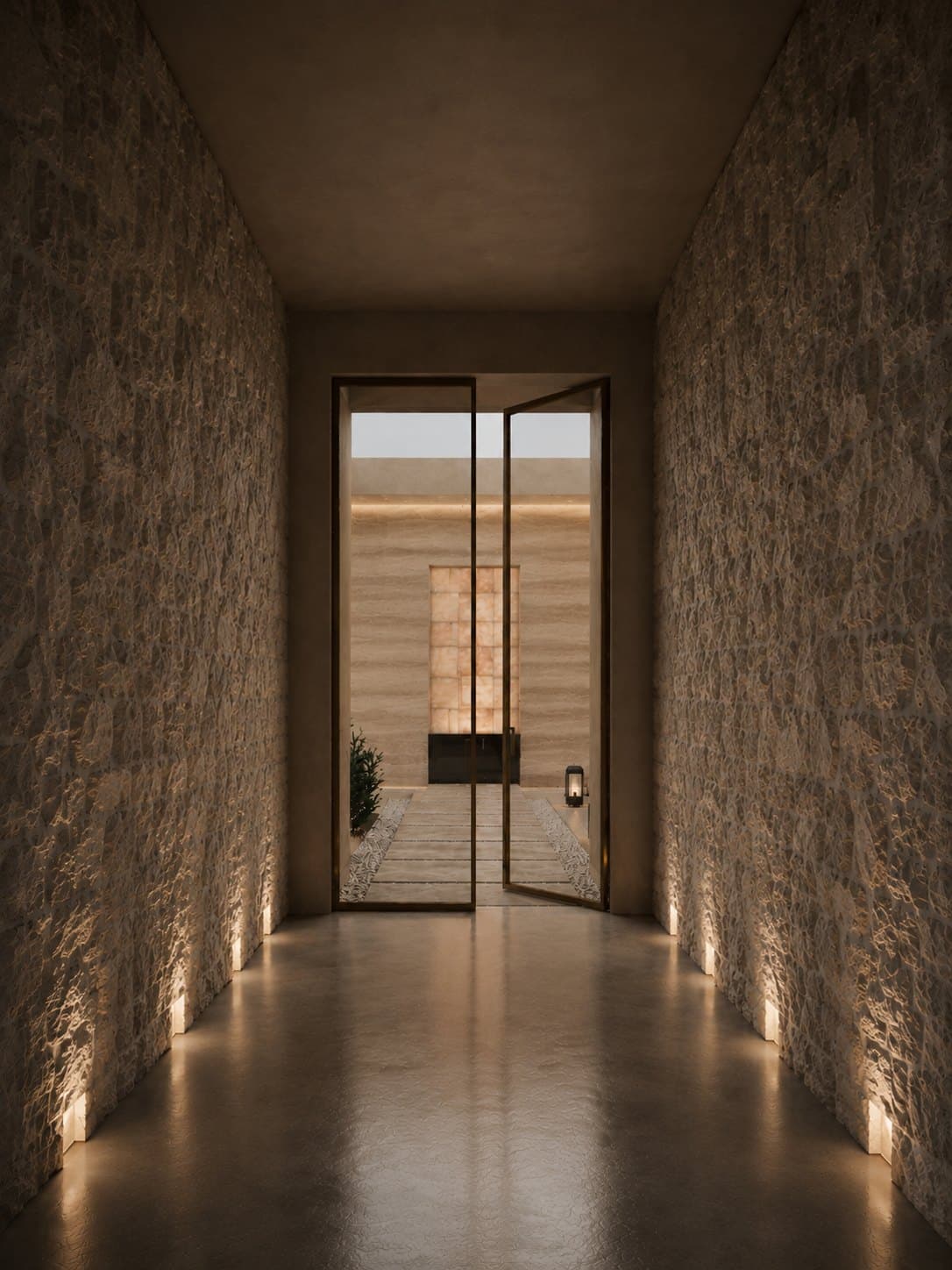 A dark stone-walled passage lit along the floor leads through a glass door to a lit amber stone panel on a rammed earth wall beyond.