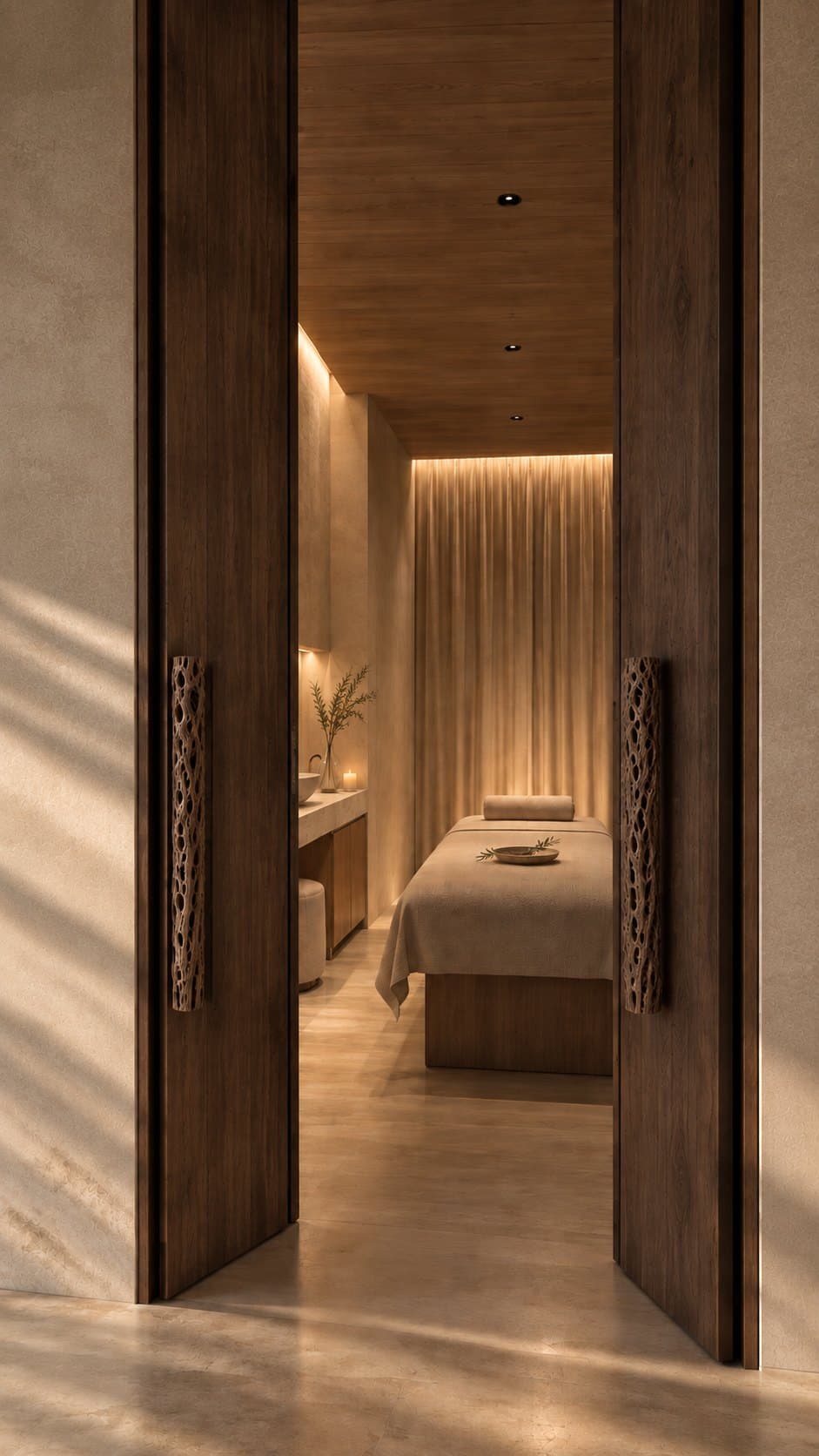 Open dark wood doors look into a warmly lit treatment room with a dressed massage table, a stone vanity, a candle, and a backlit curtain behind.