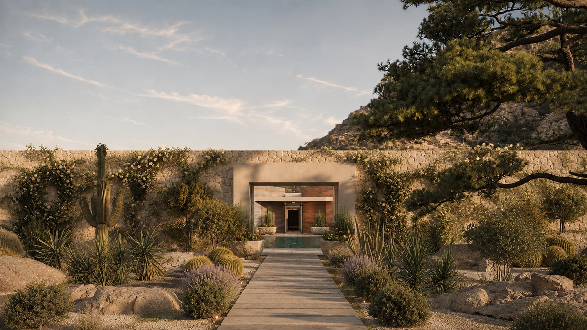 The walled villa approach render, planted with cactus and desert wildflowers