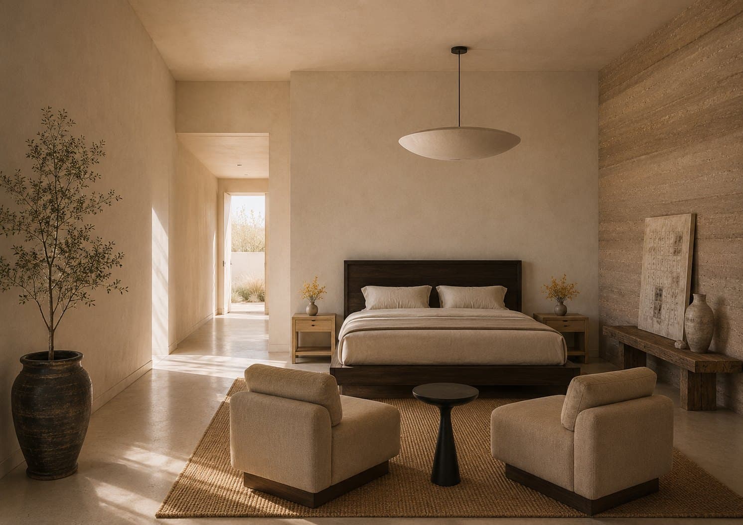 A plaster-walled bedroom with a dark wood platform bed and pale linens, two matching beige armchairs and a black side table on a jute rug, a rammed earth wall at right holding a framed artwork and pottery, and an olive tree in a tall dark urn at left beside a sunlit corridor.
