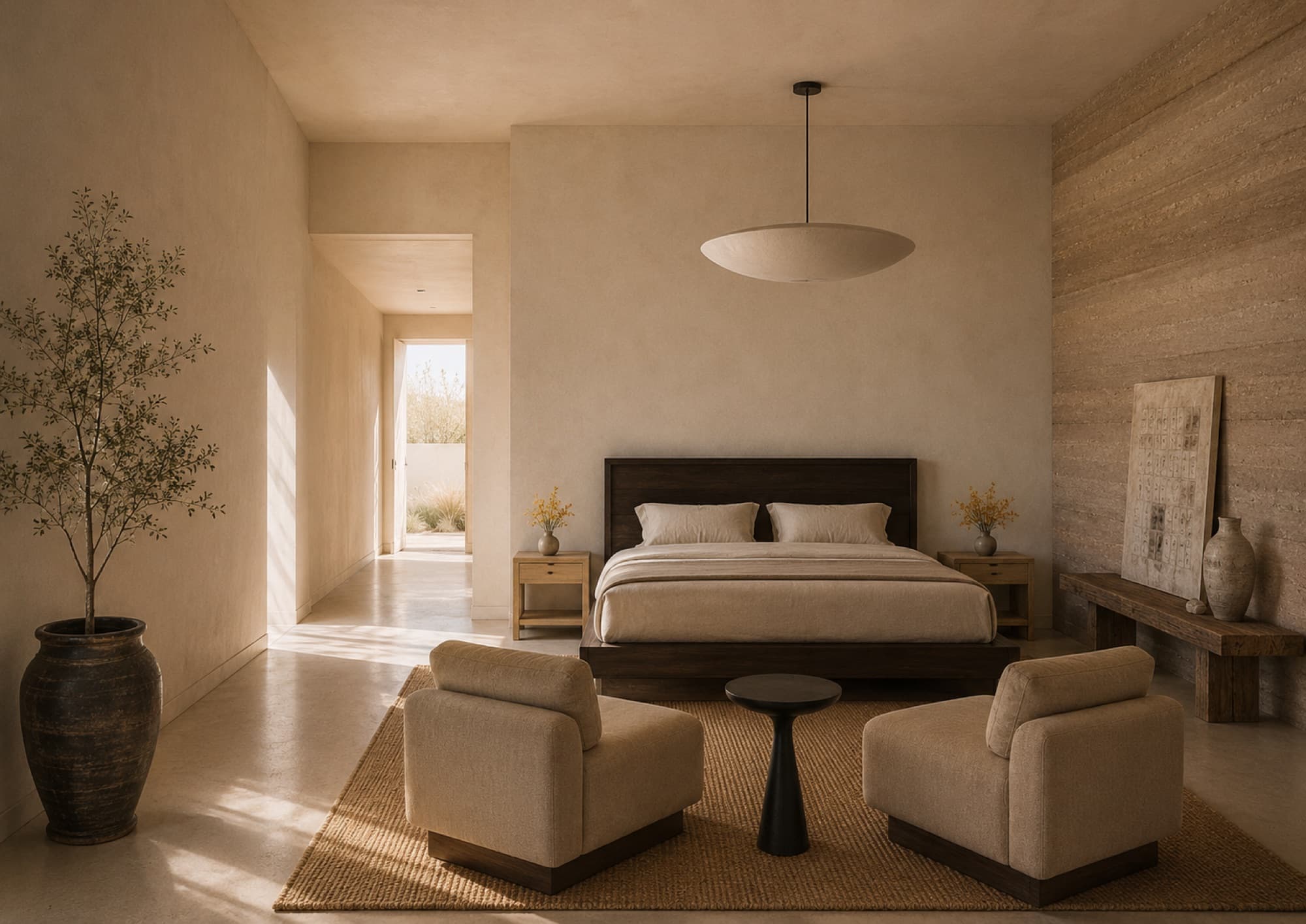 The villa bedroom render — plaster walls, travertine and morning light
