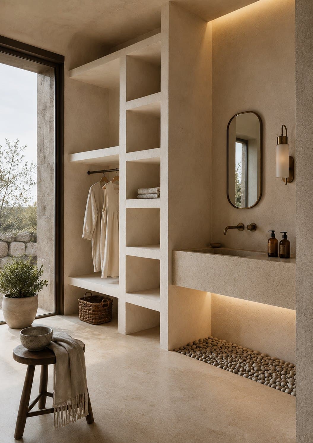 A plaster-walled dressing and washing area with open shelves, two pale robes on a rail, a folded stack of towels, a carved stone vanity with an oval mirror and brass sconce, and a recessed bed of river stones set into the floor.