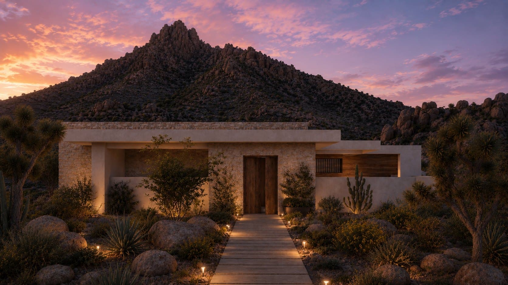 A low cream and stone villa at dusk with lit path lights along a stone walkway to its timber door, under a purple and orange sky with a rocky peak behind.
